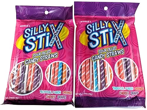 Pajitas de caramelo rellenas ácidas, paquete de 2 bolsas de 2.75 onzas de pajitas de caramelo ácidas en polvo de naranja, cereza y uva
