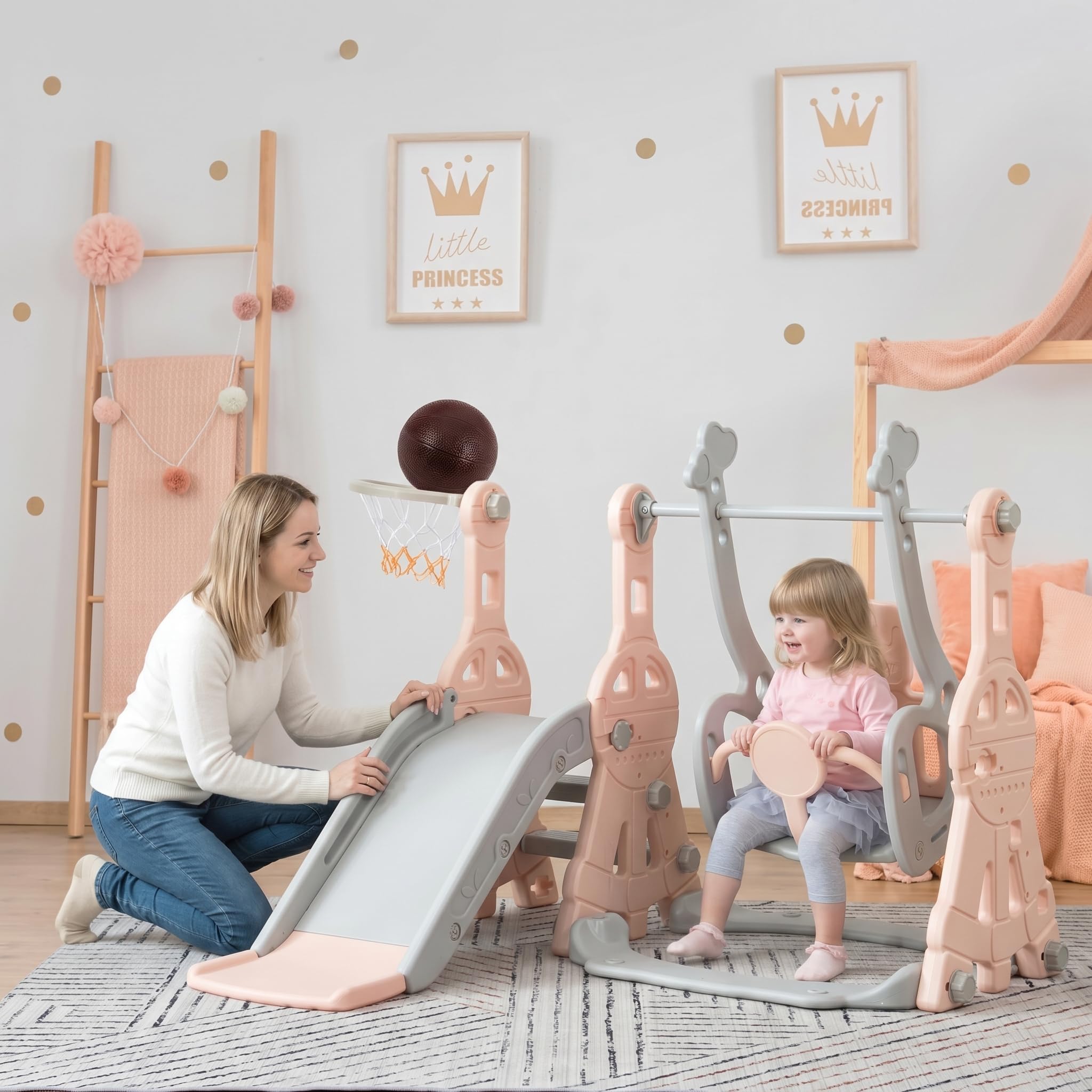 Tobogán infantil 4 en 1 con cesta de baloncesto, escalada, columpio, tobogán interior para niños, toboganes infantiles con columpio, zona de juegos interior y exterior