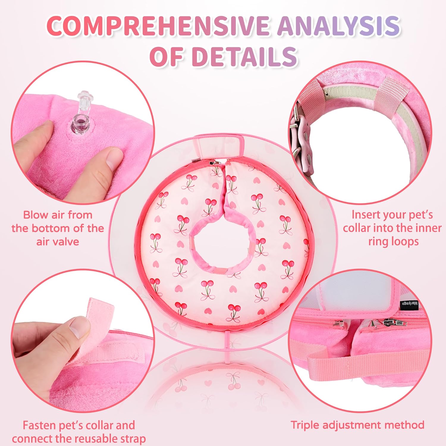 Inflatable Recovery Dog Cone Collar for Large Medium Dogs After Surgery, Soft Dog Donut Collar Adjustable Recovery Bone for Pets, Prevent from Biting & Scratching (Pink, XL)
