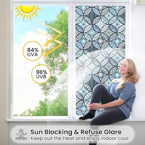 Miniatura 2 de DKTIE Película para ventana de vidrieras con kit de instalación, estilo bohemio, protección de privacidad, luz suavizante, película decorativa para