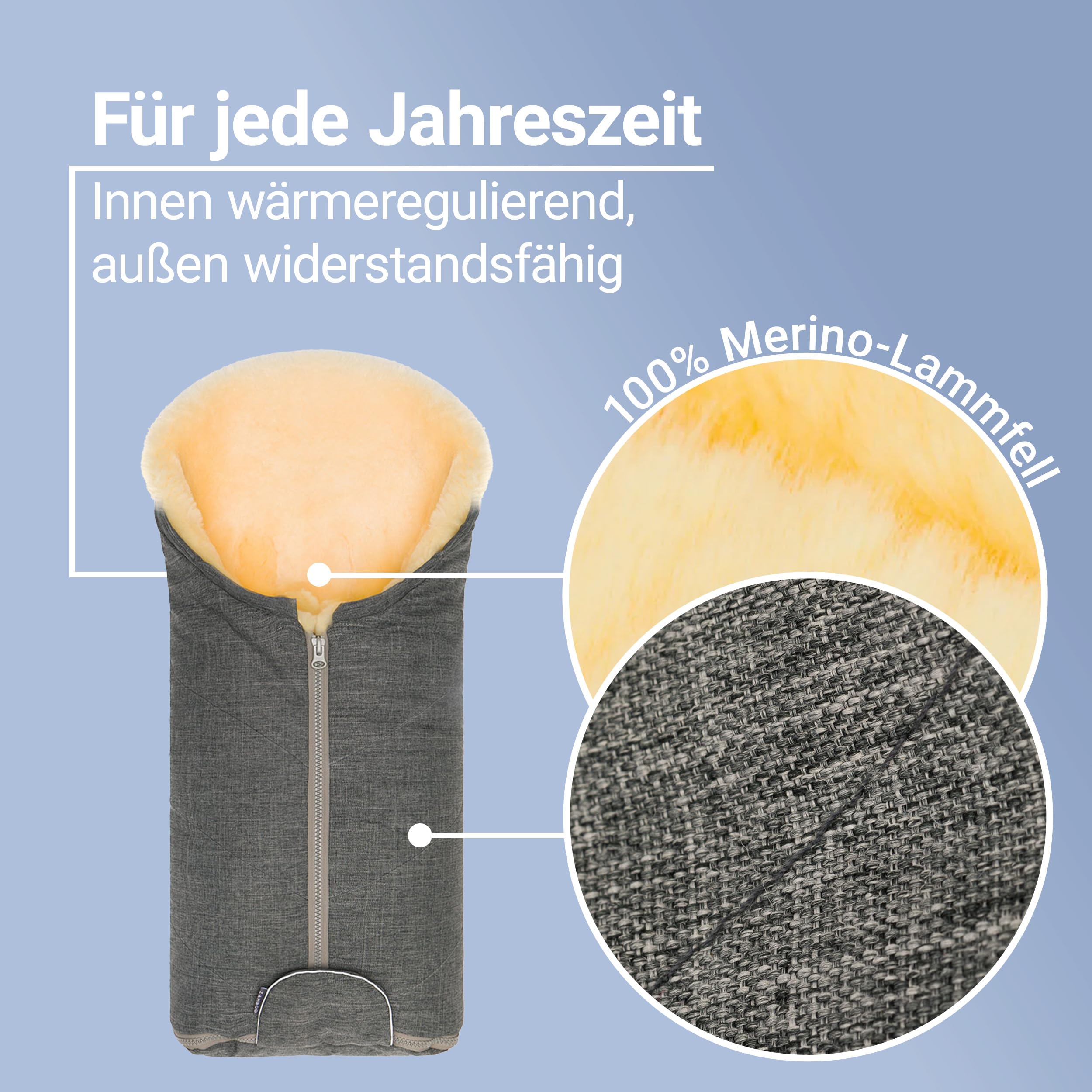 Zamboo Lammfell Fußsack für Babyschale und Kinderwagen Wanne - Universal Baby Winterfußsack aus Merino Lammwolle, für 3 Punkt und 5 Punkte Gurte - Grau | Universal Baby Winterfußsack aus Merino Lammwolle, für 3 Punkt und 5 Punkte Gurte