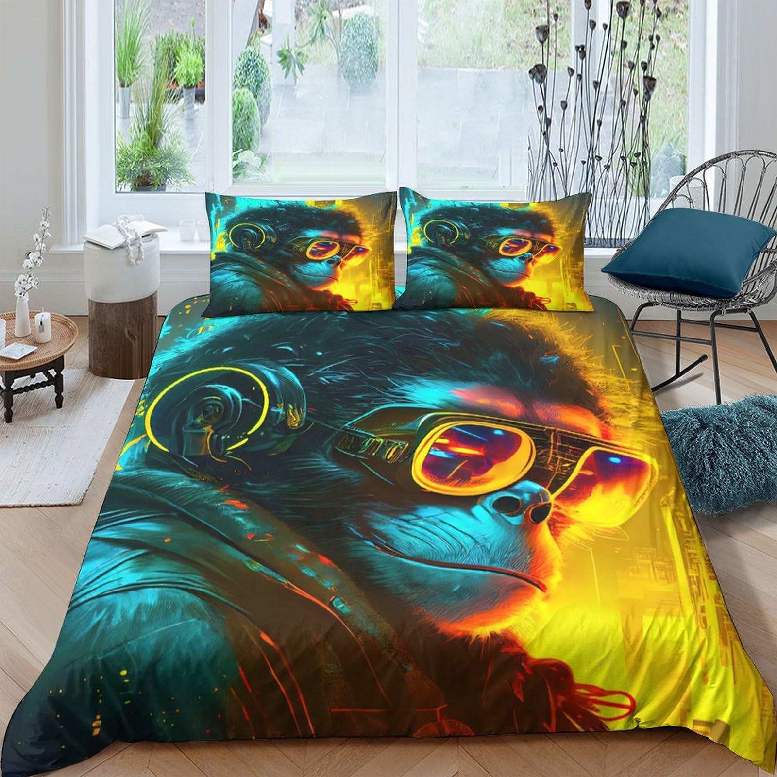 Ctjqhvkz Style-2 3D Printed Neon Monkey Fitted Sheet Microfiber Soft Breathable Graffiti Art Mattress Cover For Bedroom Dorm Decor Single（135X200cm）