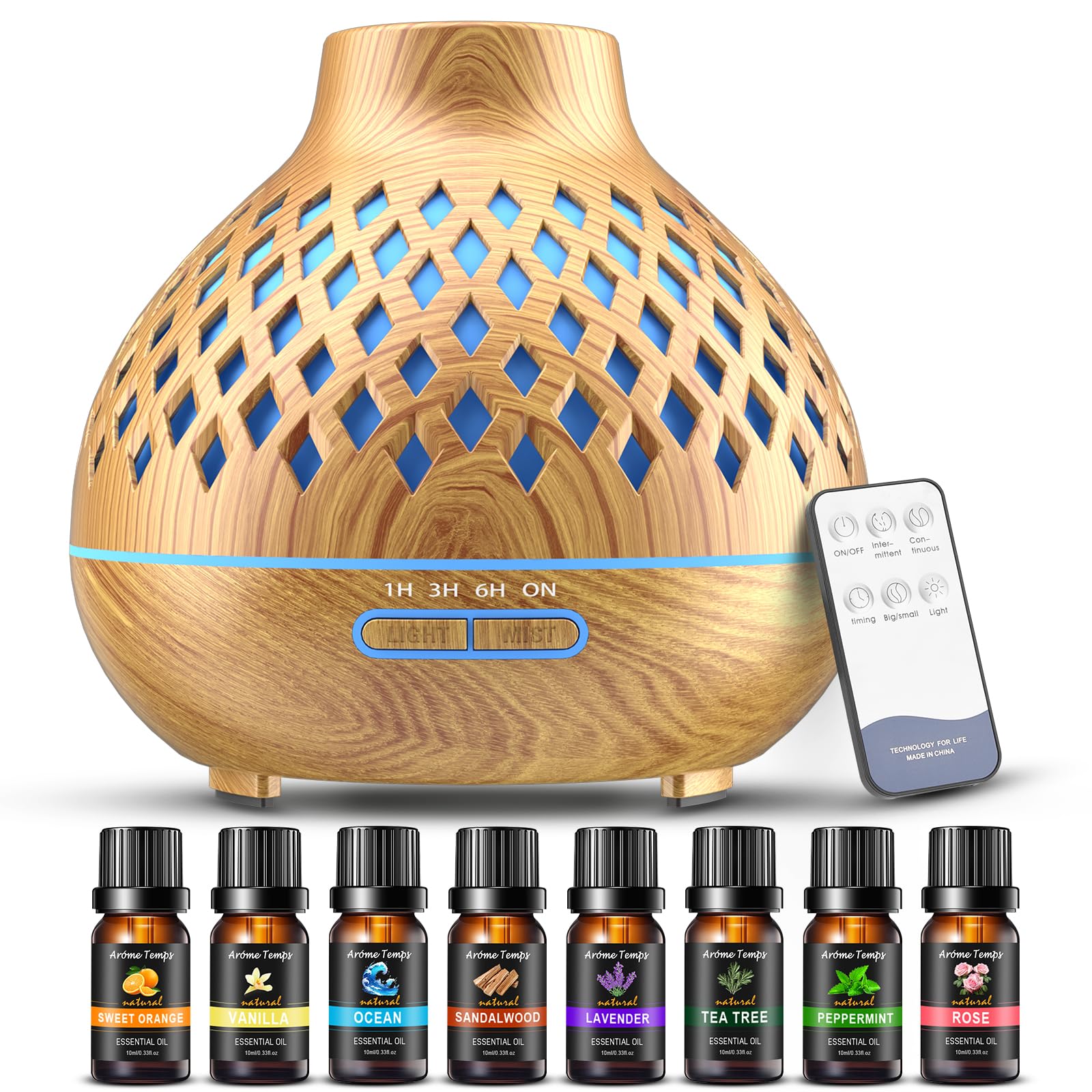 Difusor de Aceites Esenciales y Humidificador para Aromaterapia, 500ML Humidificador de Aire con Control Remoto, 7 Colores LED, Apagado Automático, Temporizador, Silencioso, para Casa y Oficina