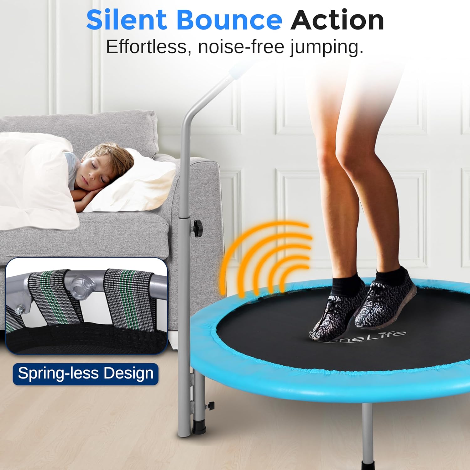 A person exercising on the SereneLife SLELT403 trampoline, demonstrating the silent bounce action and spring-less design.