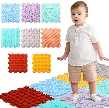 GlikCeil 8 Pcs Sensory Mats for Autistic Children Massage Game Mats Orthopedic Puzzle Play Pads Textured Sensory Floor Tiles for Kids Toddler Autism Fidgeting Activity Tactile PlayLight Colors