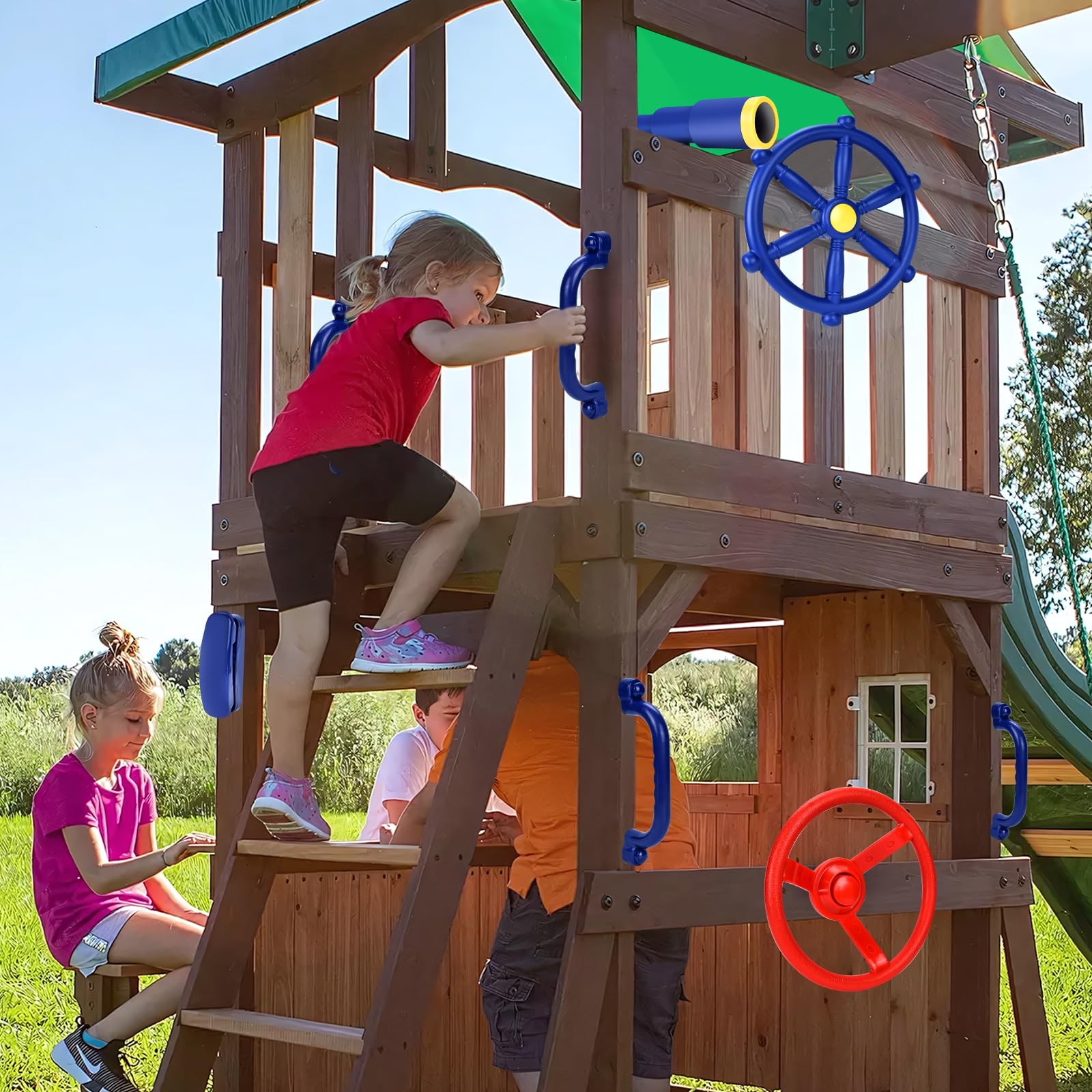 JONRRYIN Spielturm Zubehör Steuerrad Set, 8Pcs Zubehörset für Spielturm, Lenkrad, Teleskop Fernrohr, Glocke Telefon, Accessoires für Spielturm, Klettergerüst, Schaukel und Garten (Blau)