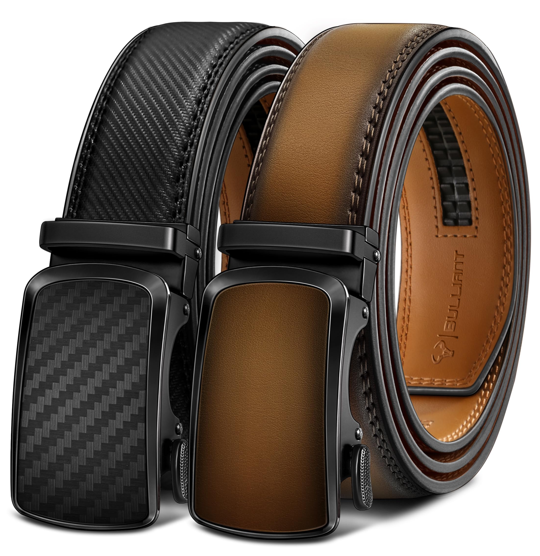 BULLIANT Men's Ratchet Belt 2 Pack-Click Leather Belt Adjustable for Men Gift 1 3/8-Cut for Perfect Fit