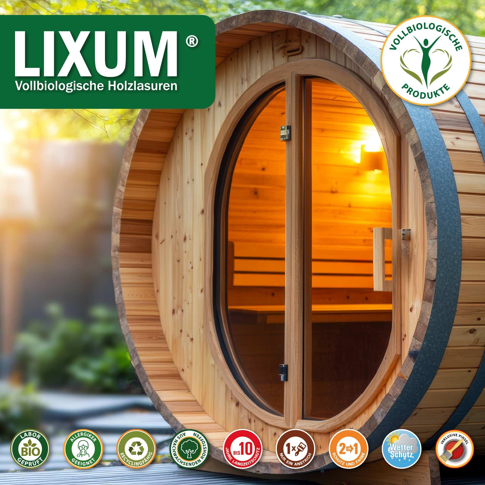 PRO 100% biologische & natürliche BIO Sauna & Fasssauna Holzlasur - Holzschutz & Holzpflege, Farbe: farblos 0.00, Inhalt:500 ml (ca.15m²)