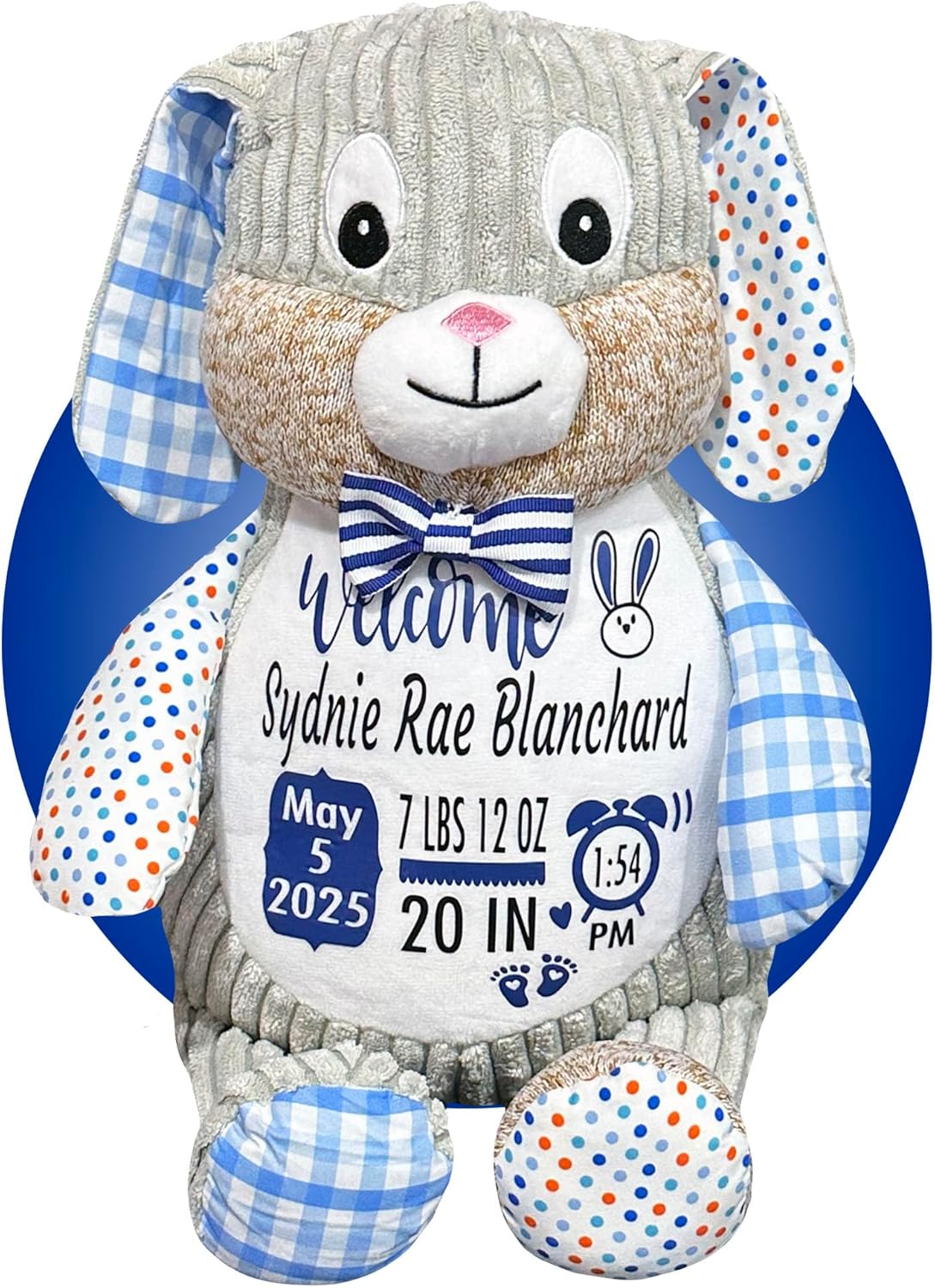 Baby Birth Stats Plush - Birth Announcement Stuffed Animals - Personalized Baby Keepsake Birth Information Plush - Great 1st Stuffed Animal - Removable Cover