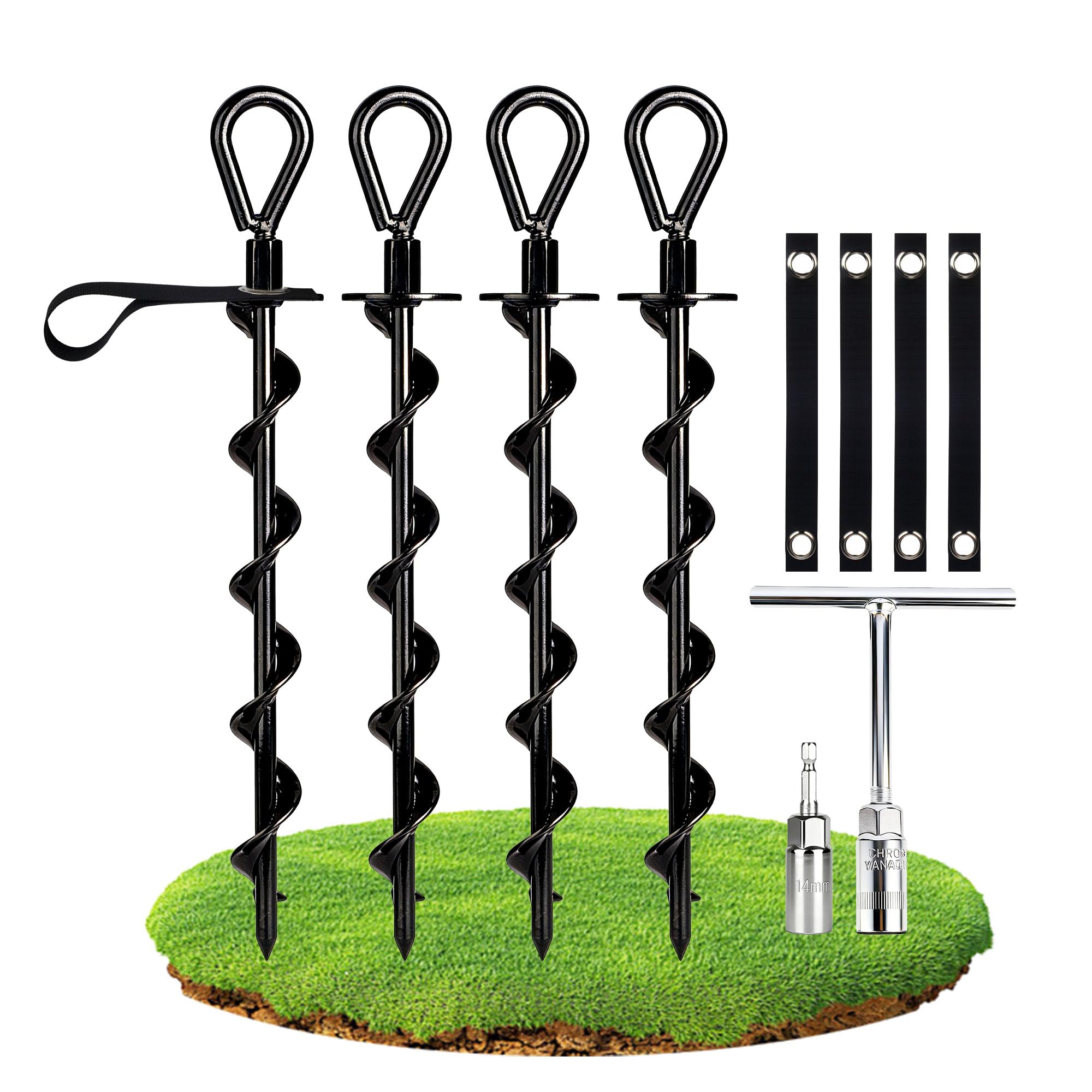 Ancoraggio a Terra 36 cm, Picchetti a Vite in Acciaio da Avvitare, Ancoraggi al Suolo Heavy Duty per Trampolino, Tende, Altalene e Campeggio, Picchetti Tenda Antiruggine per Fissaggio Esterno,4