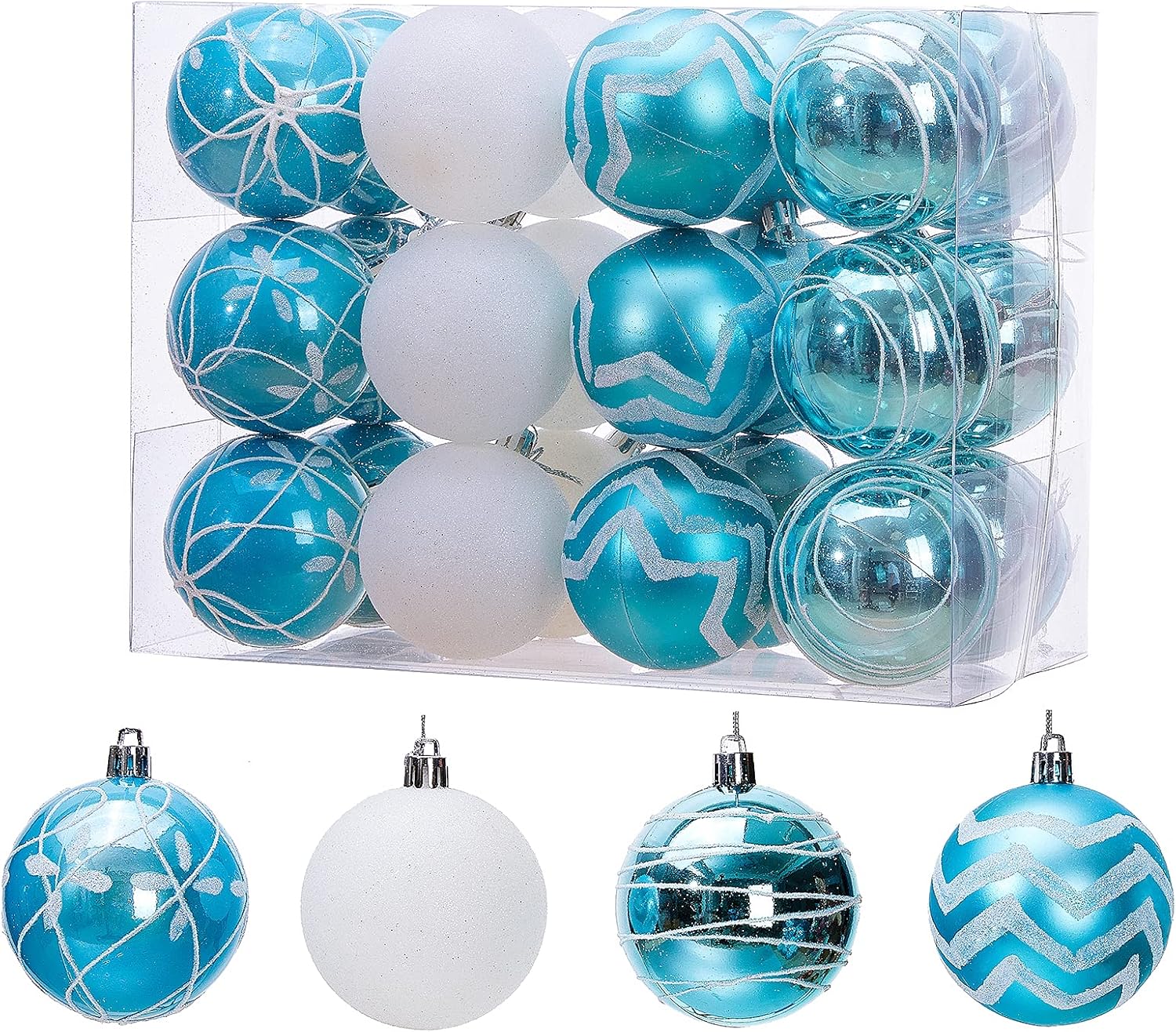24ct Christmas Ball Ornaments, Glitter&Painting 70mm/2.76" Shatterproof Christmas Tree Decorations, Hanging Baubles Decor Set for Xmas/Holiday/Party/Wedding, Contrast Color Pendants(Ice Blue/White)