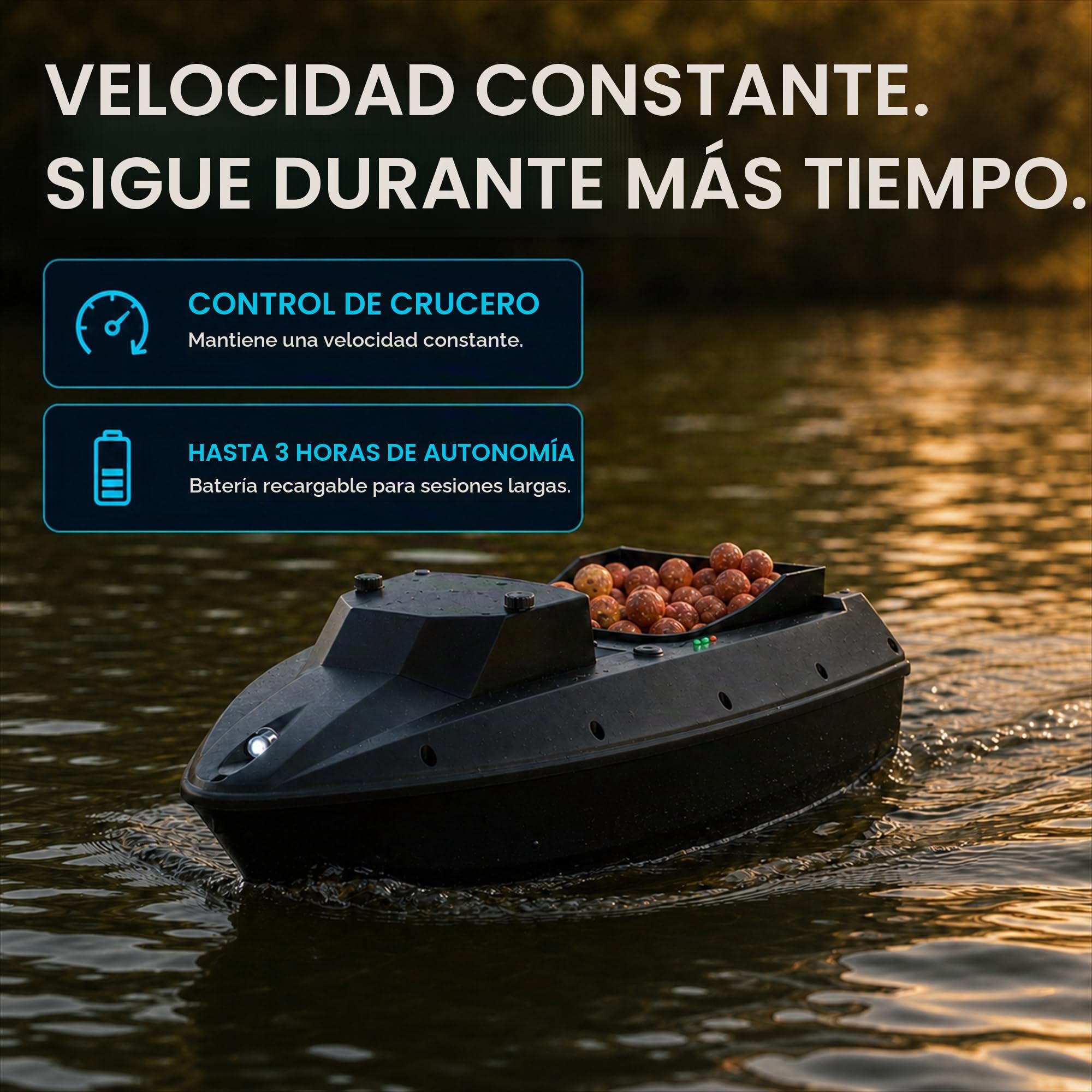Barco cebador la Pesca de Carpas – Nuevo Modelo con Control de Crucero, 1,5 kg Capacidad de Carga, 500 m de Rango, 3 Horas de navegación, Luces LED – Barco Baitboat Carpa con Control Remoto