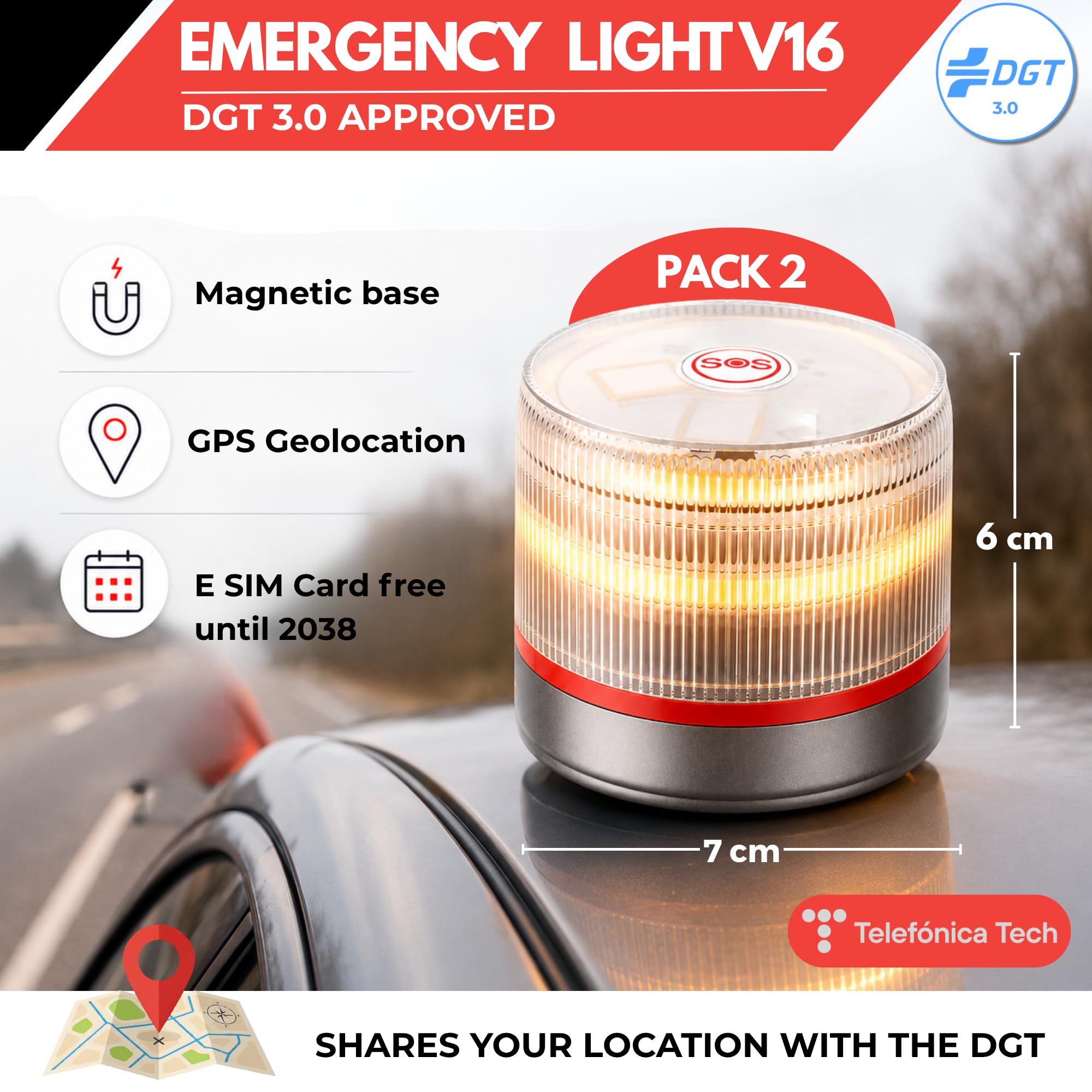 MAGIC SELECT 2x Luz de Emergencia V16 DGT 3.0 Homologada con Geolocalización para Señalización en Carretera, Coche y Moto, Luz Intermitente Naranja 360º, Base Imantada, Incluye1 Pila 9V.