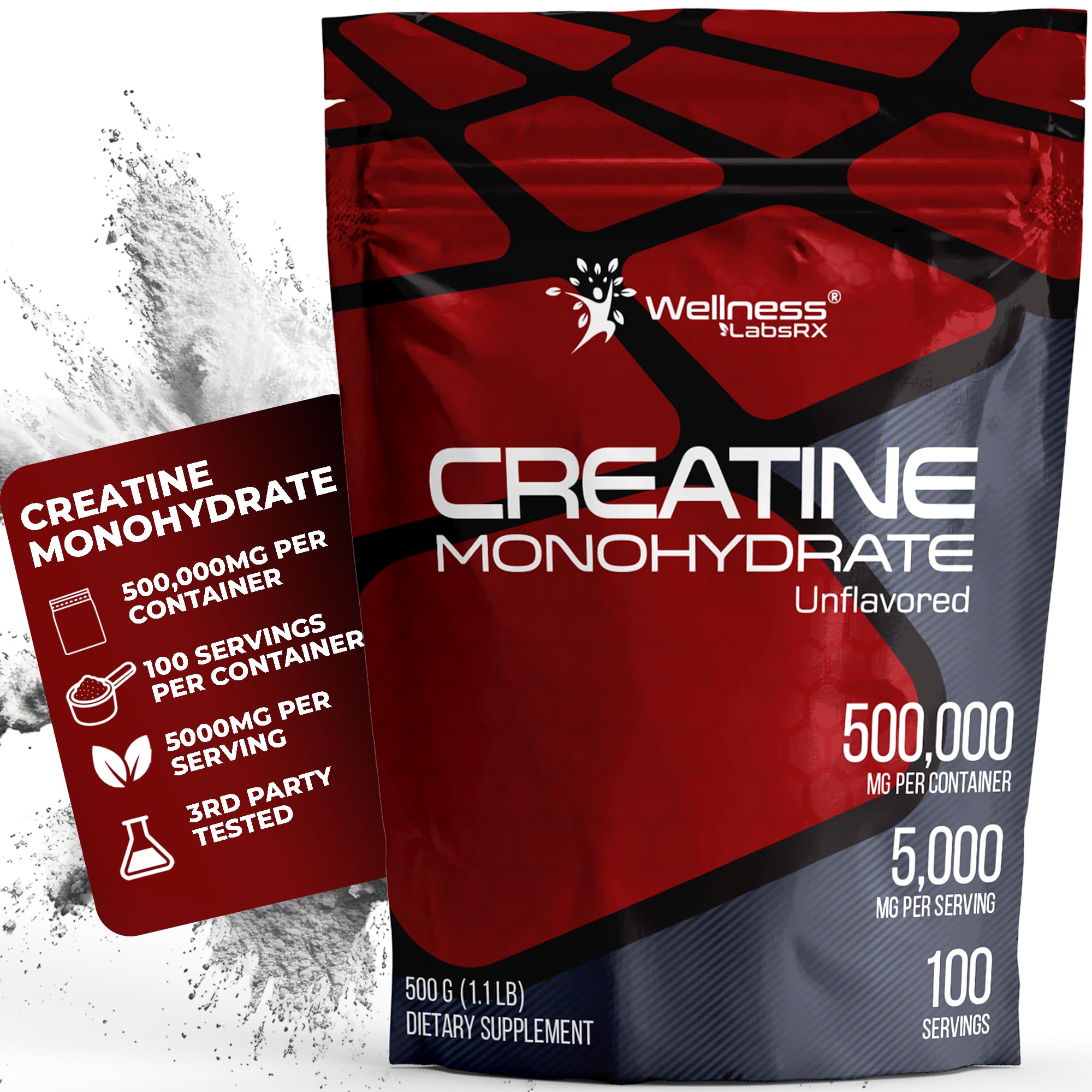 Creatine Monohydrate Powder 500g, Unflavored Pouch, 100 Servings