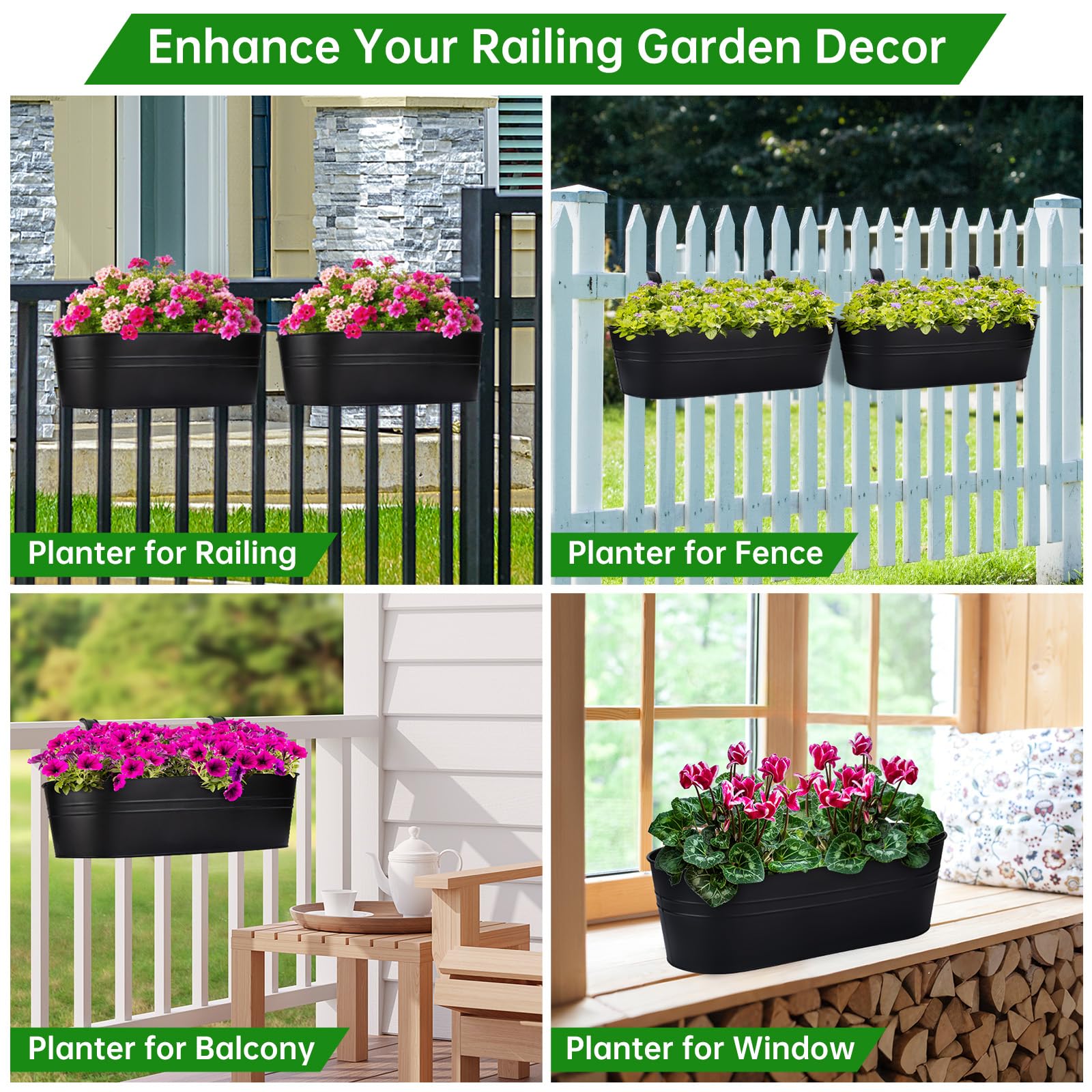Fioriera per ringhiera, 40,6 cm, grande, da appendere, per piante da esterno, confezione da 3 | Fioriere da balcone con ganci larghi staccabili per ringhiere da 6,9 cm, per decorazione di terrazze, recinzioni e patio