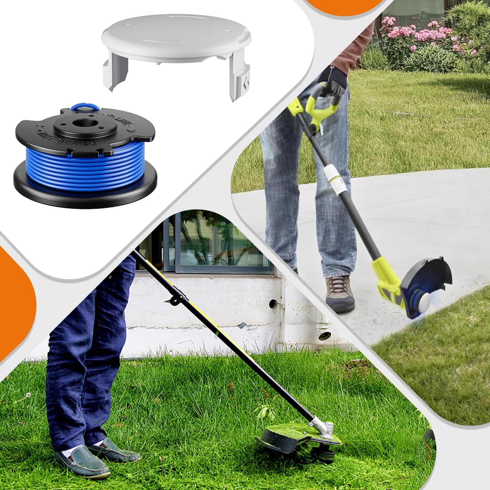 AC14RL3A Kompatibel mit Ryobi 18 V, 24 V, 40 V schnurlosen Trimmern und AC14HCA Abdeckkappe, Ersatz-Saitenspule Ryobi One Plus+ Unkrautvernichter, automatische Zufuhr, Nachfüllschnur, 3,4 m, 0,2 cm, 3