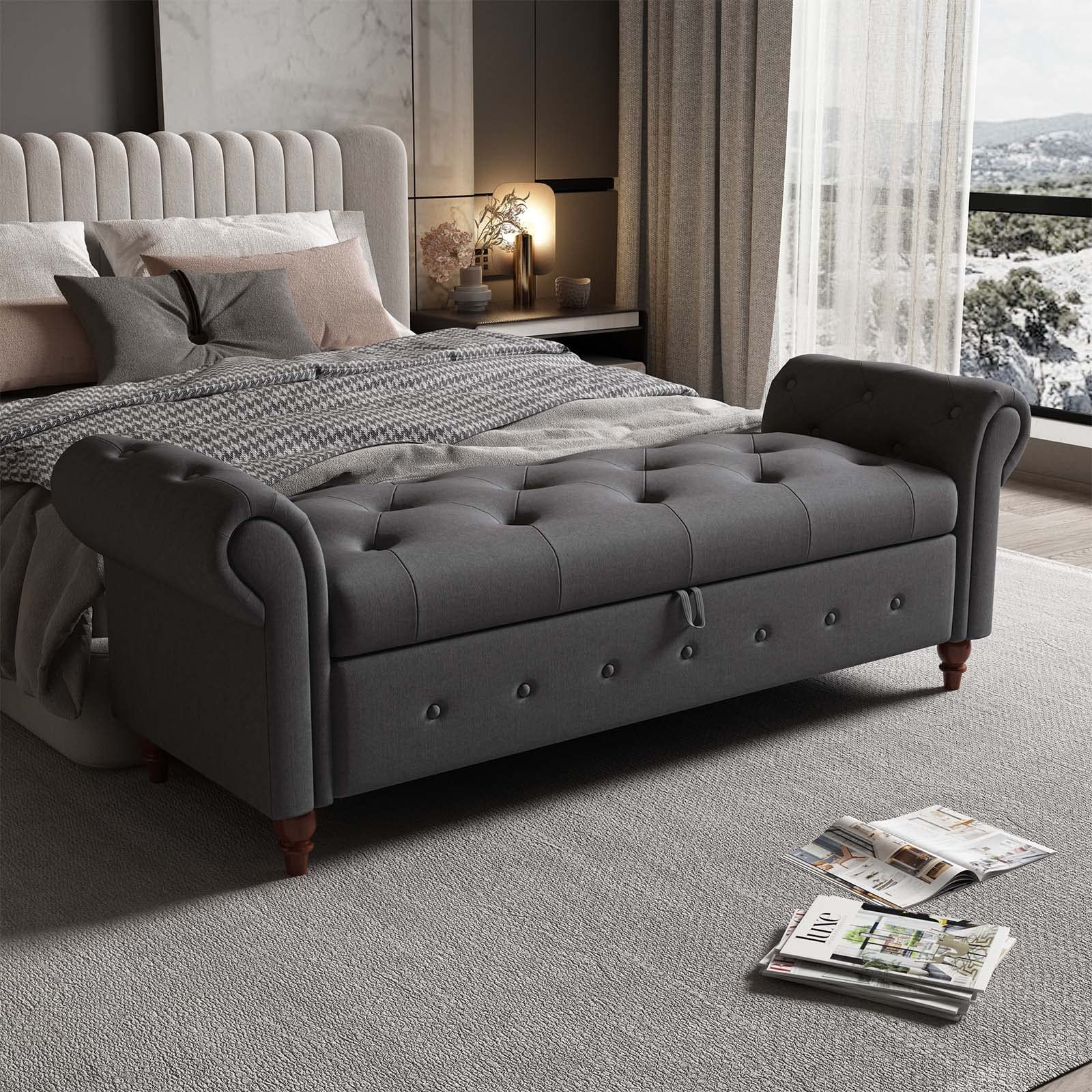 Tomkate 63" Tufted Storage Bench for Bedroom End of Bed, Fabric Armed Storage Bench with Rolled Arm and Solid Wood Legs, Upholstered Storage Ottoman for Bedroom, Entryway, Living Room, Dark Grey