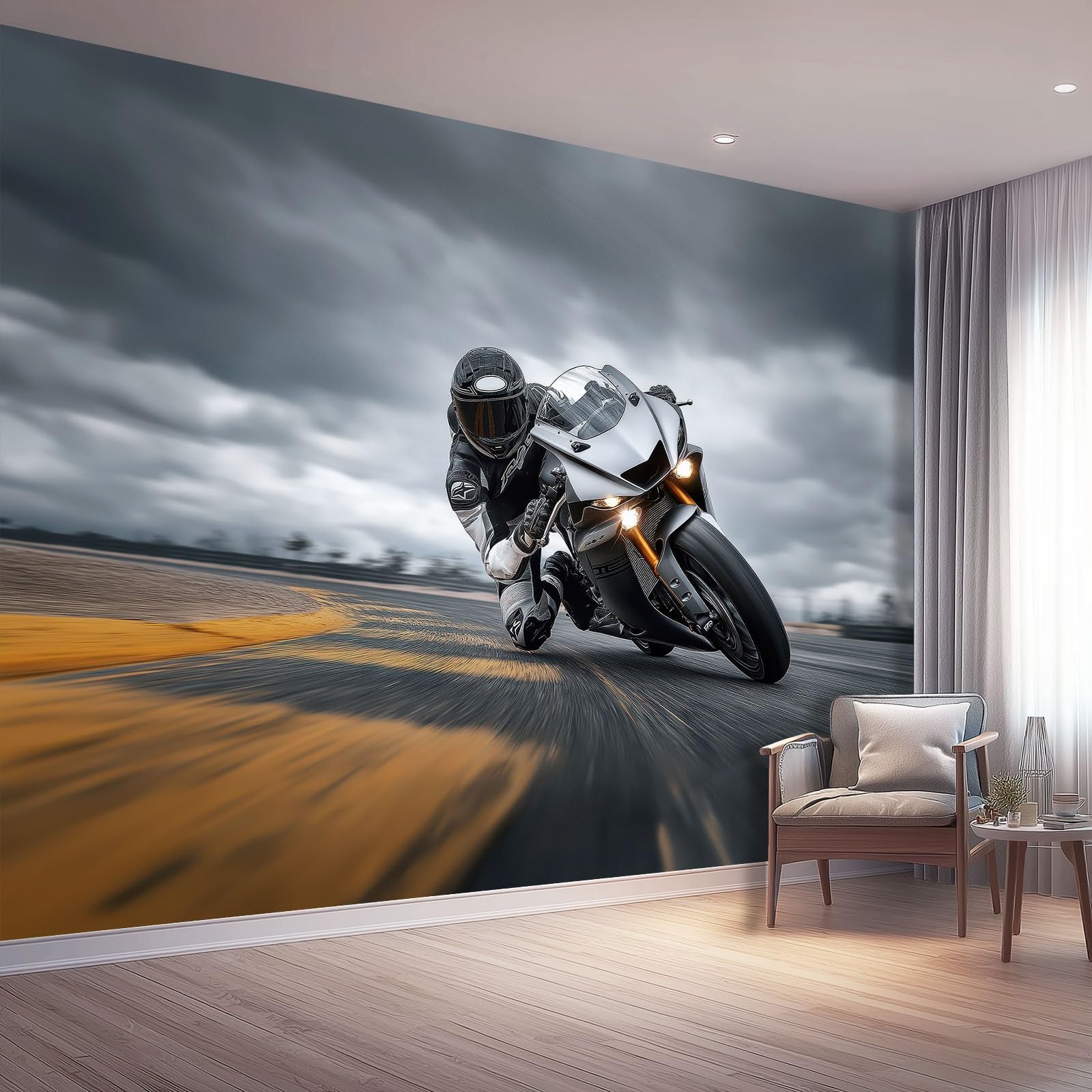 Tapeta z motywem 250 x 175 cm, kreskówkowy motocyklista, radosna tapeta z motywem do pokoju dziecięcego i kącika do majsterkowania, szara