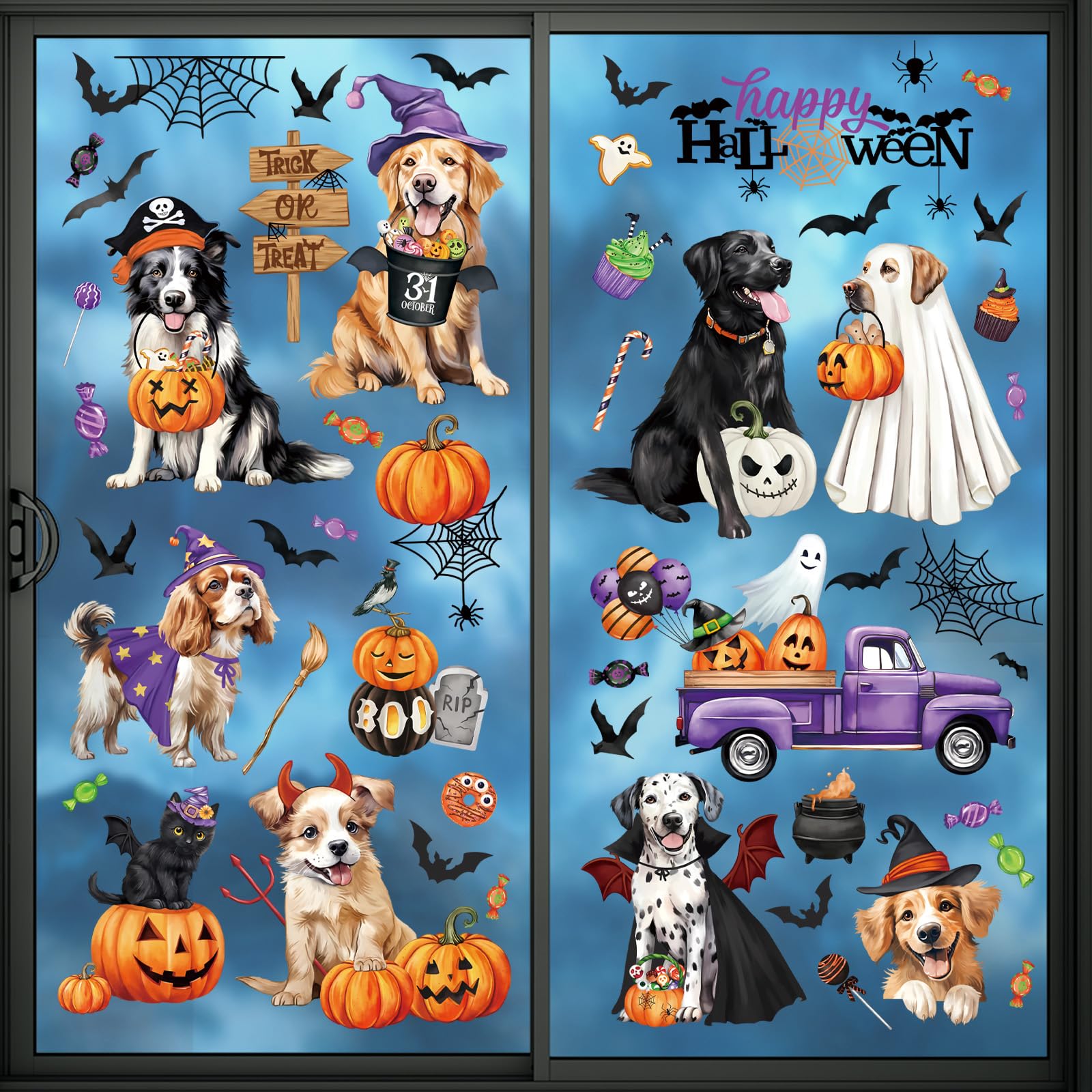 decalmile Halloween Dogs Double Sided Window Clings Pumpkin Car Bats Candy Halloween Decorations Anti-Collision Glass Doors Window Stickers for Kids Party