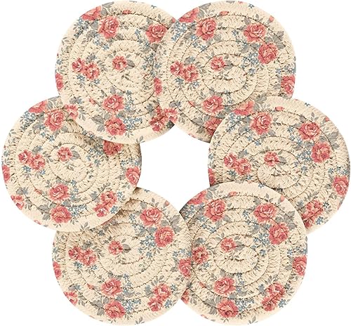 Miniatura 2 de innewgogo Rose Floral 6 Pcs Absorbent Drink Coasters for Tabletop Protection Handmade Round Woven Coaster with Holder & Heat Water Resistant Bulk