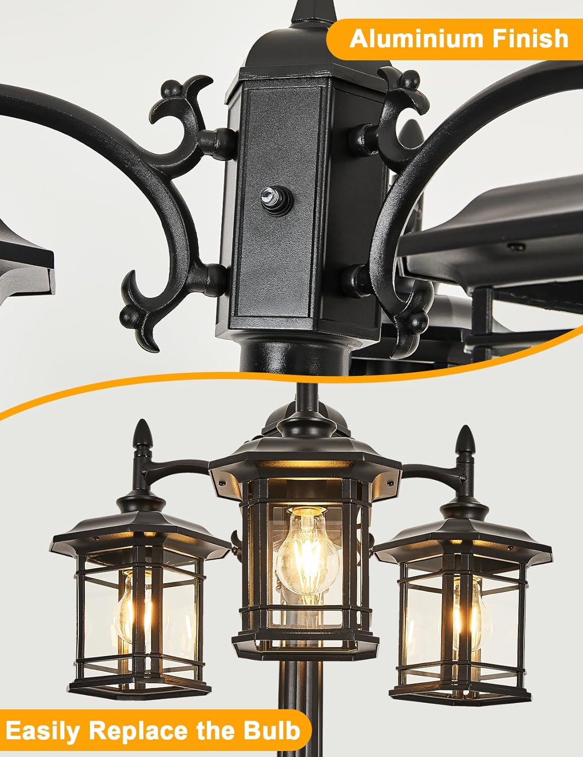 Dusk to Dawn Sensor Outdoor Post Light 82.7" H 3-Headed Post Lamp with Outlet E26 Pole Street Lantern 3 Light Outdoor Lamp Post Lights IP65 Waterproof Outdoor Street Light for Pole Garden
