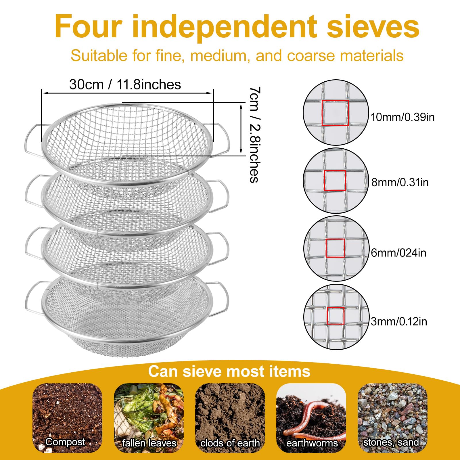 Lot de 4 Tamis Jardinage, Mailles de 3/6/8/10 mm avec Bac et Plateau Tamisage Robustes pour Sable Pierres Compost Gravier et Sciure Idéal pour Le Sable Les Pierres Le Compost la Sciure Bois