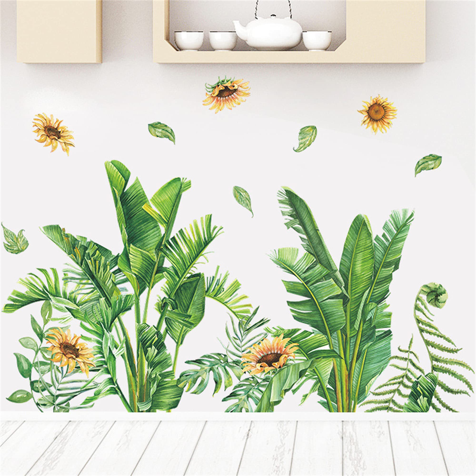 Tropical Leaf Green Leaves Butterfly Wall Decals Monstera Palm Tree Leaf Plants Wall Stickers Bedroom Living Room TV Wall Door Decor Murals (Tropical Leaf Green Leaves Sunflower)