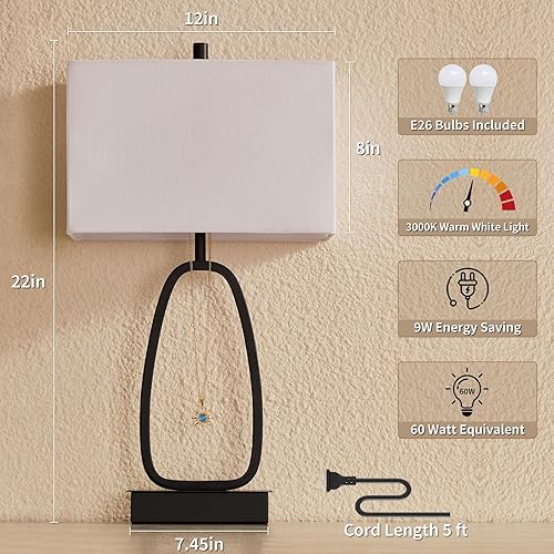 Miniatura 5 de Juego de 2 lámparas de mesa táctiles modernas de 25 pulgadas con 2 salidas USB y CA, lámparas de noche regulables de 3 vías para mesita de noche,