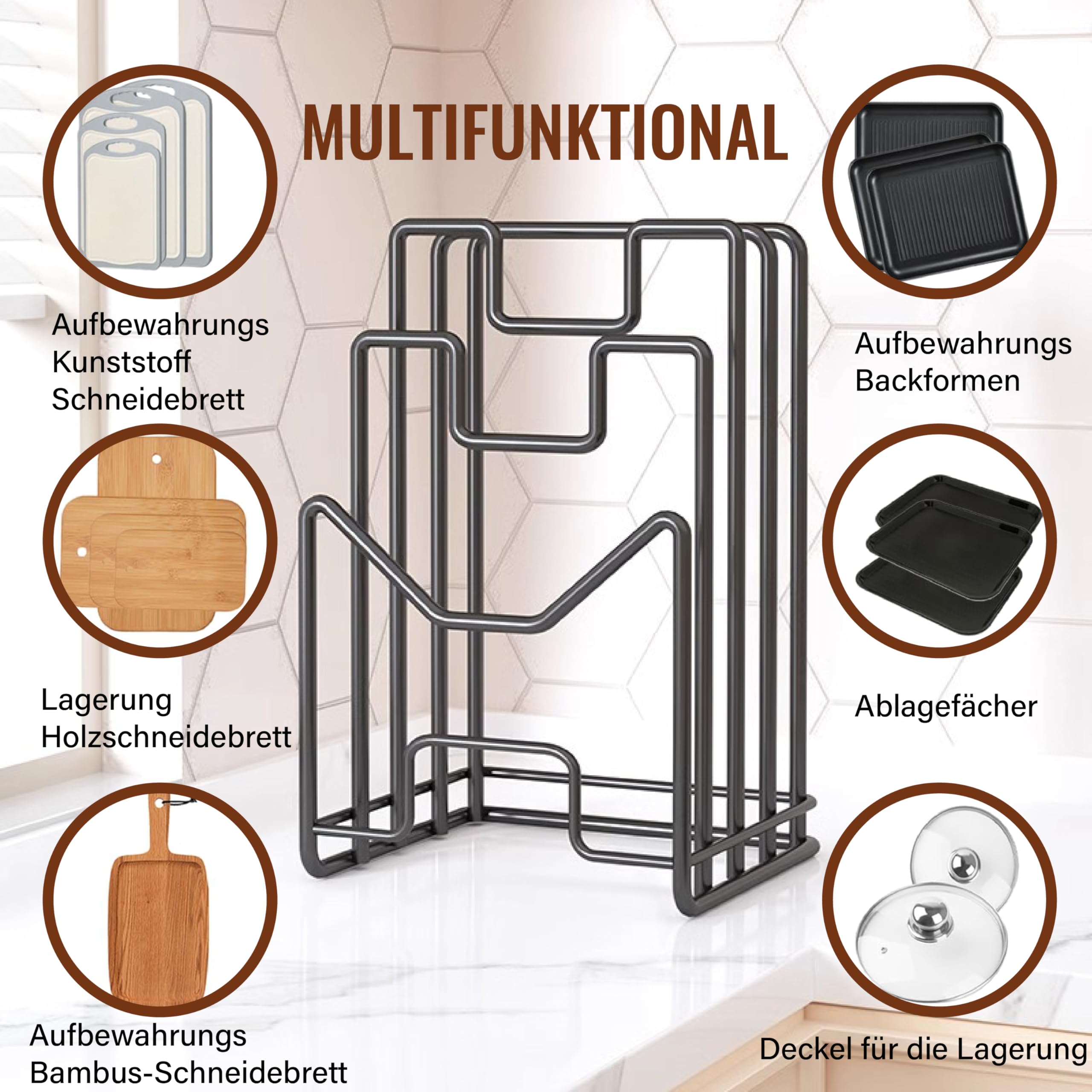 1Stück Schneidebrett-Rack, Schneidebrett Rack Schneidebrett, Topfpfannendeckel Halter Schwarz,Topfpfannendeckel-Halter für Küchenschränke, Schneidebrett Ständer,Schneidebrett-Organiser Ständer