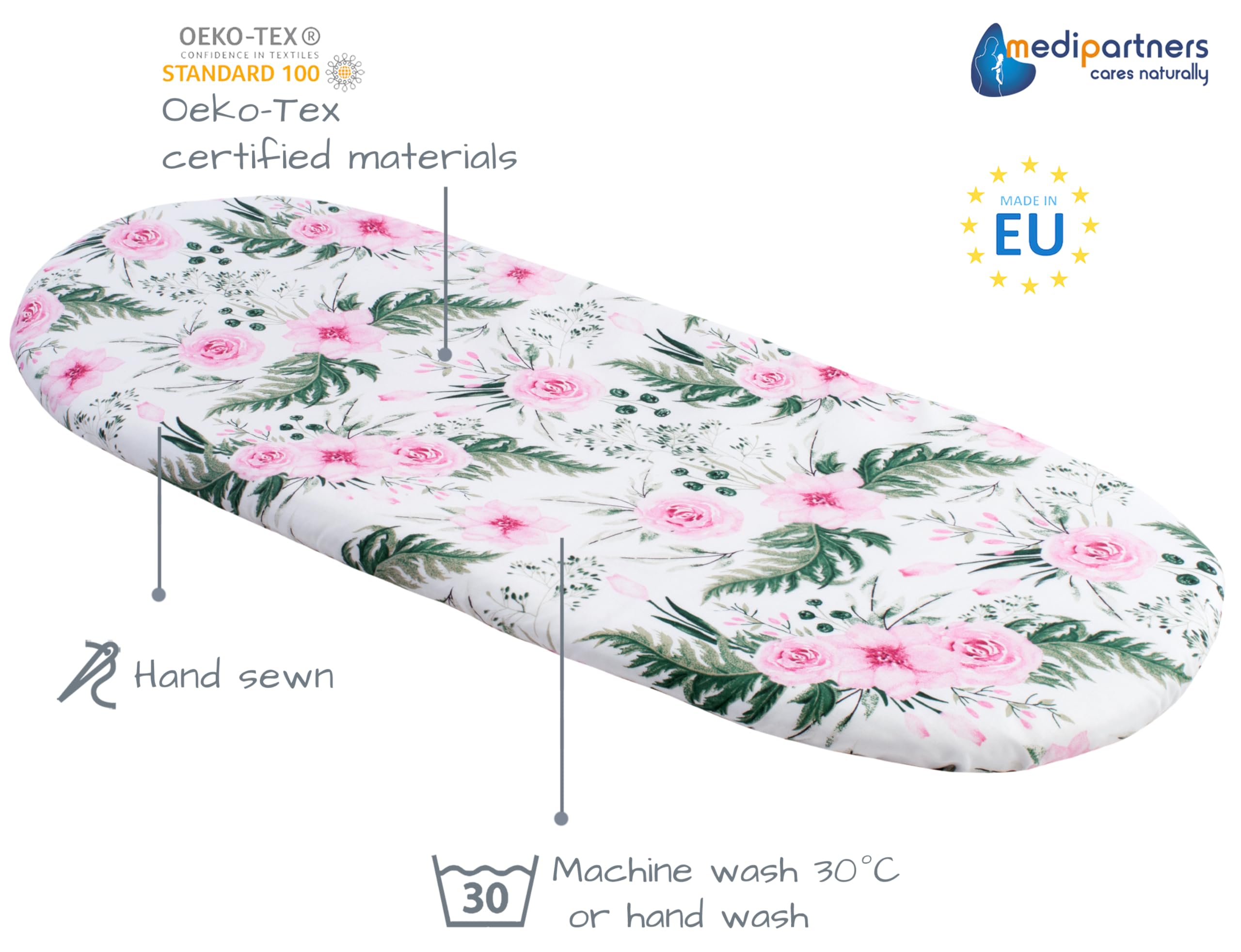 Medi Partners Set of 3 pcs. Fitted Sheet Pram 86 x 40 cm 100% Cotton Mattress Protector Baby, Pink Flowers-white-grey, Three pack - Image 3