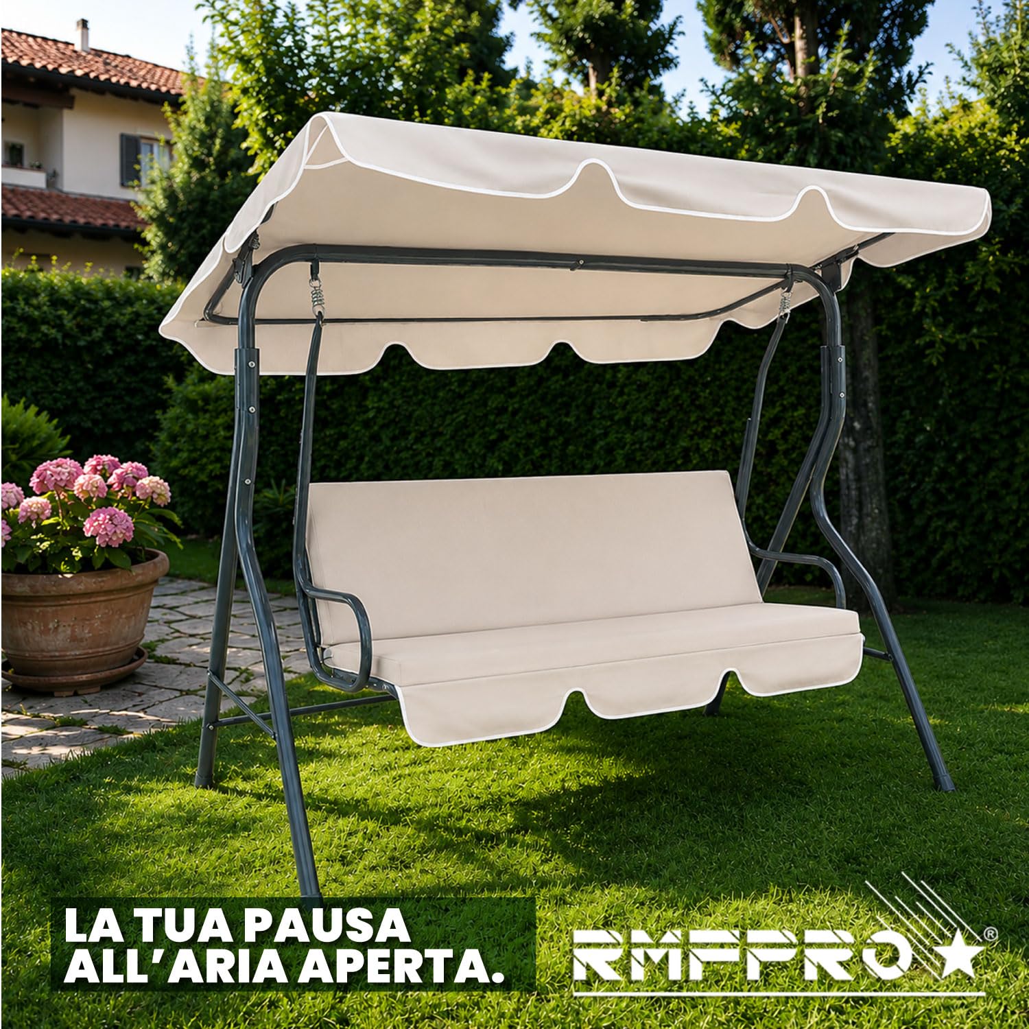 Dondolo da Giardino 3 Posti con Tetto Parasole Regolabile, Dondolo da Esterno con Struttura in Acciaio Resistente - Tessuto Impermeabile da Campeggio e Spazi Esterni 170x110x153 cm Beige