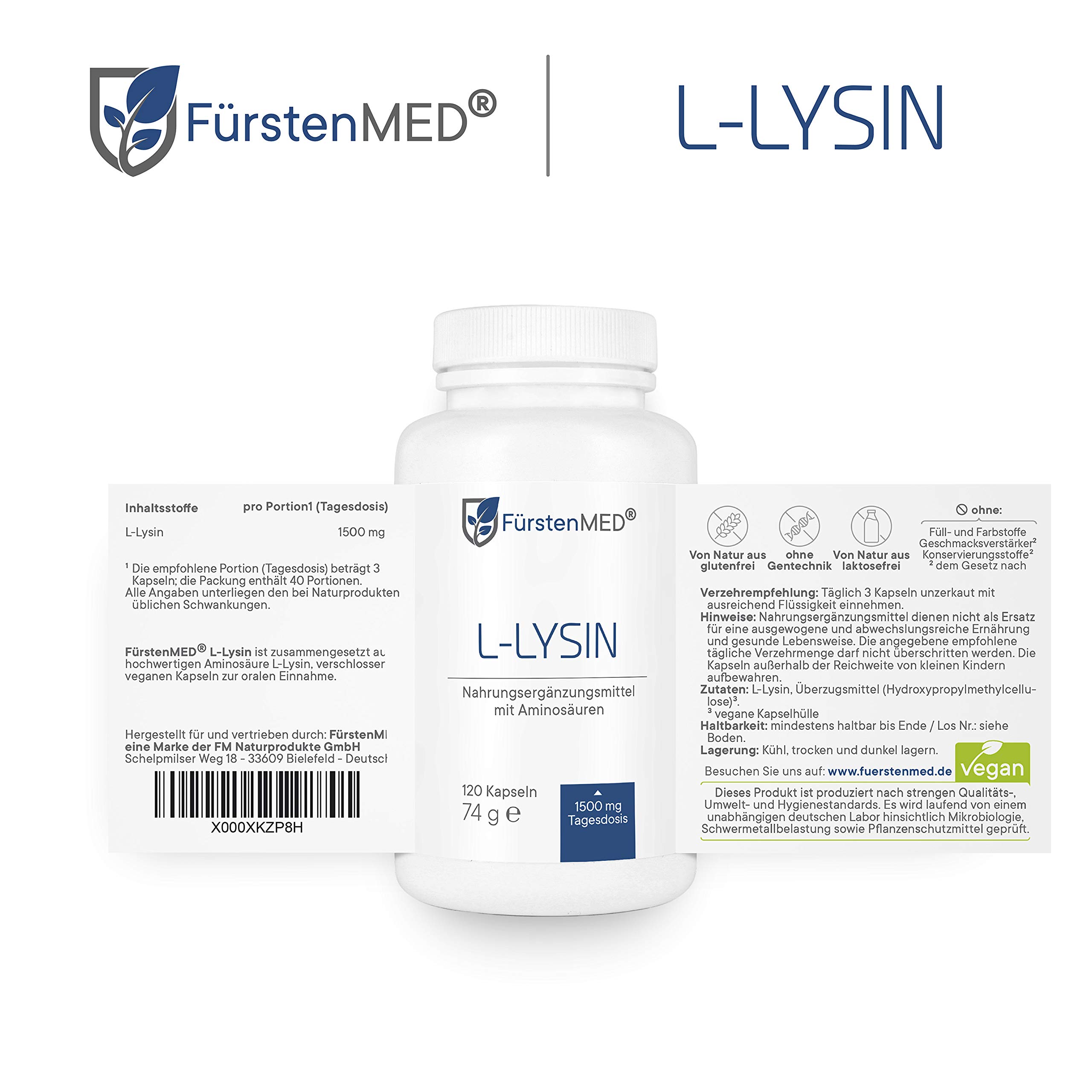 FürstenMED® L-Lysin Kapseln Hochdosiert - 1500mg Pflanzlich fermentiertes L-Lysin pro Tagesdosis - 120 Kapseln, Laborgeprüft, Vegan & Ohne Zusatzstoffe