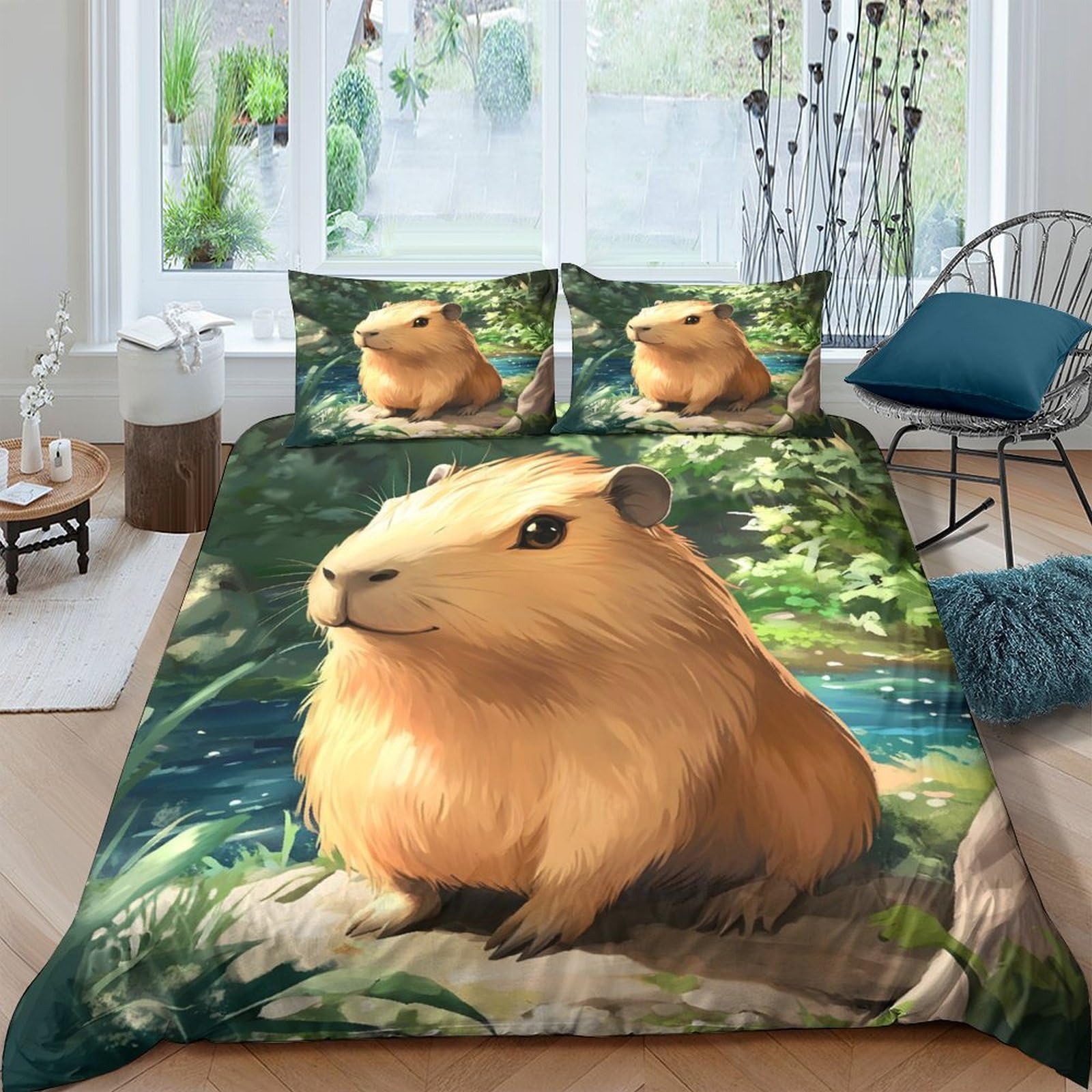 Ctjqhvkz Style-2 3D Printed Capybara Forest Fitted Sheet Microfiber Soft Anti-Slip Bed Cover For Bedroom Guest Room Mattress Protection Single（135X200cm）
