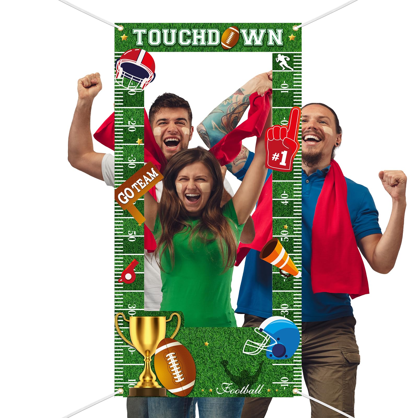 Lofaris Football Picture Frame Banner 35.4x70.8in, Touchdown Photo Booth Backdrop, Sports Theme Party Decoration, Game Day Birthday Party Supplies