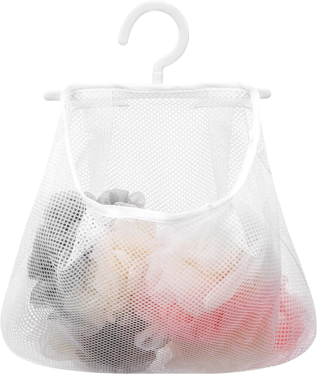 Multi-functional White Hanging Mesh Bag 34.7x27.6cm Breathable Clothespin Storage Pouch for Home Kitchen Bathroom Organization