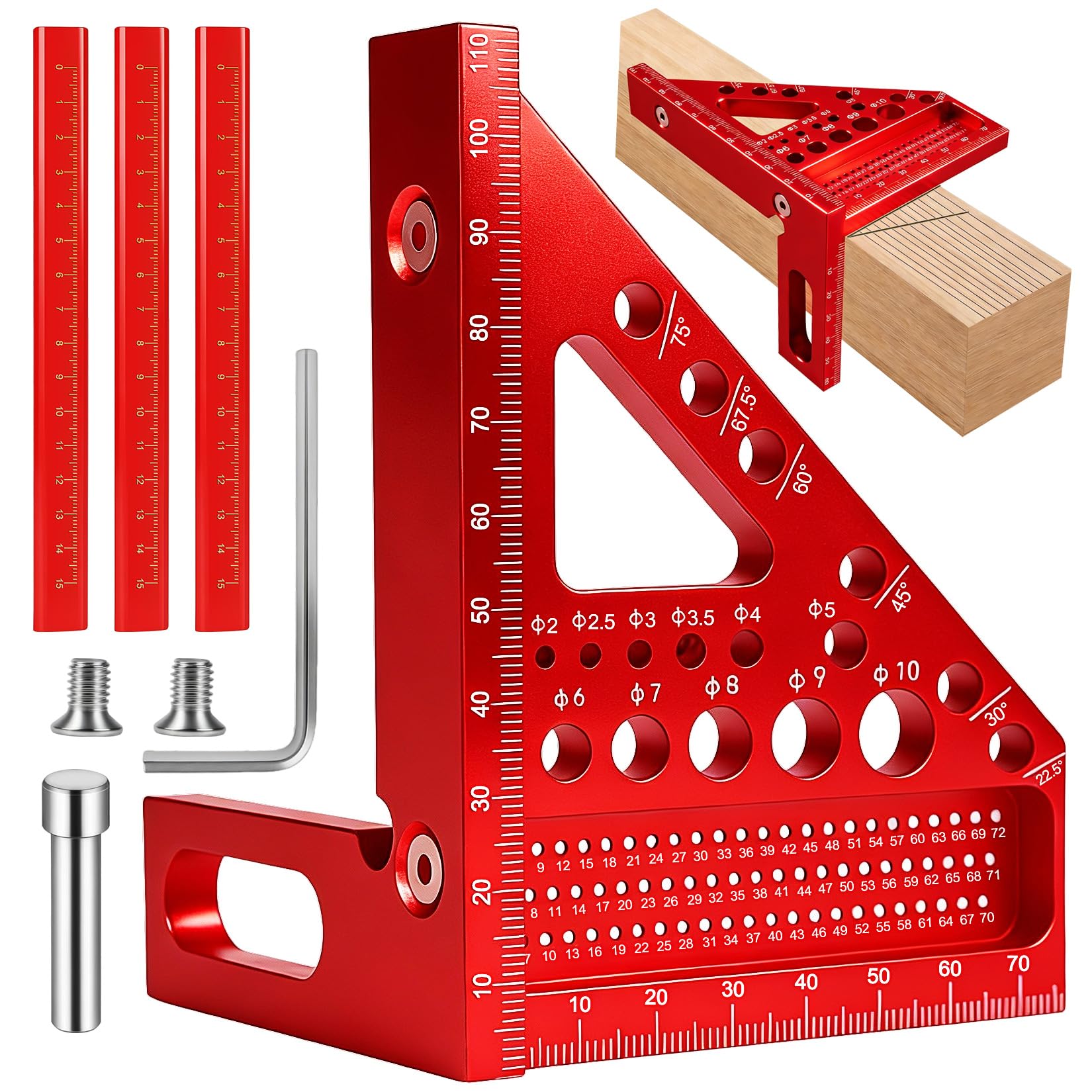 3D Carpenters Square, 22.5-90 Degree Angle Measurement Tool, High Precision Speed Square, Multi-functional Engineers Square with 3 Woodworking Pens for Engineers Woodworking