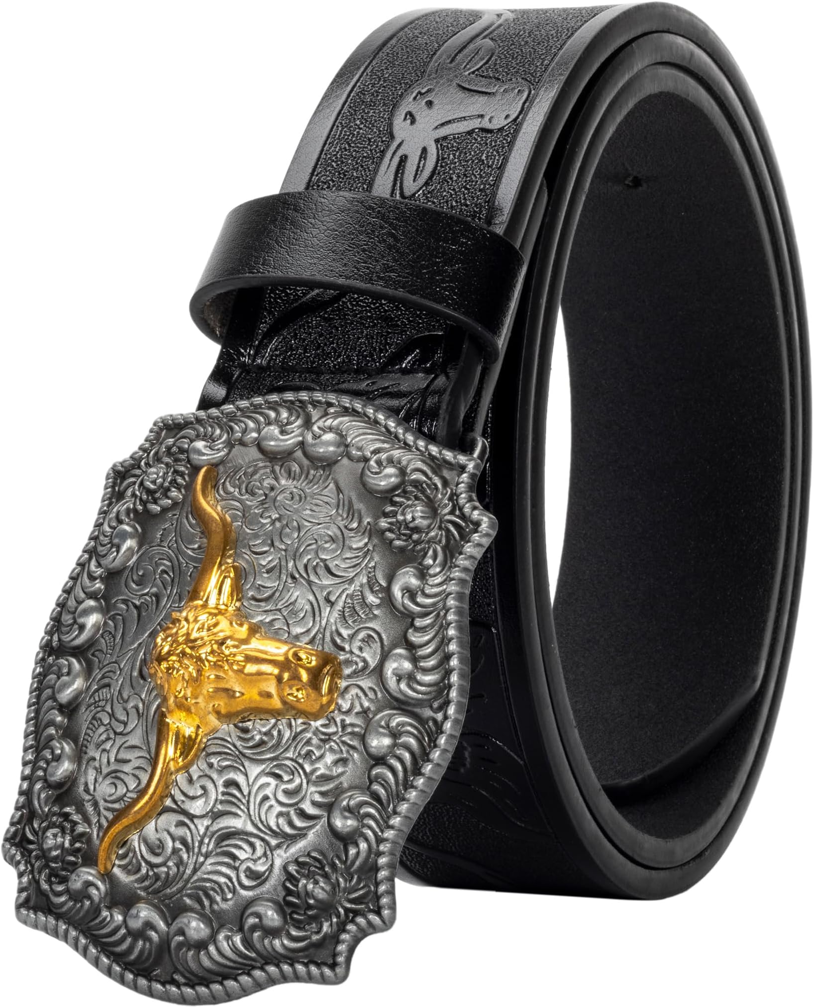 Men Women-Western-Cowboy-Leather-Belts - Longhorn Bull Pattern Buckle Belt Floral Engraved Buckle Belt for Jeans