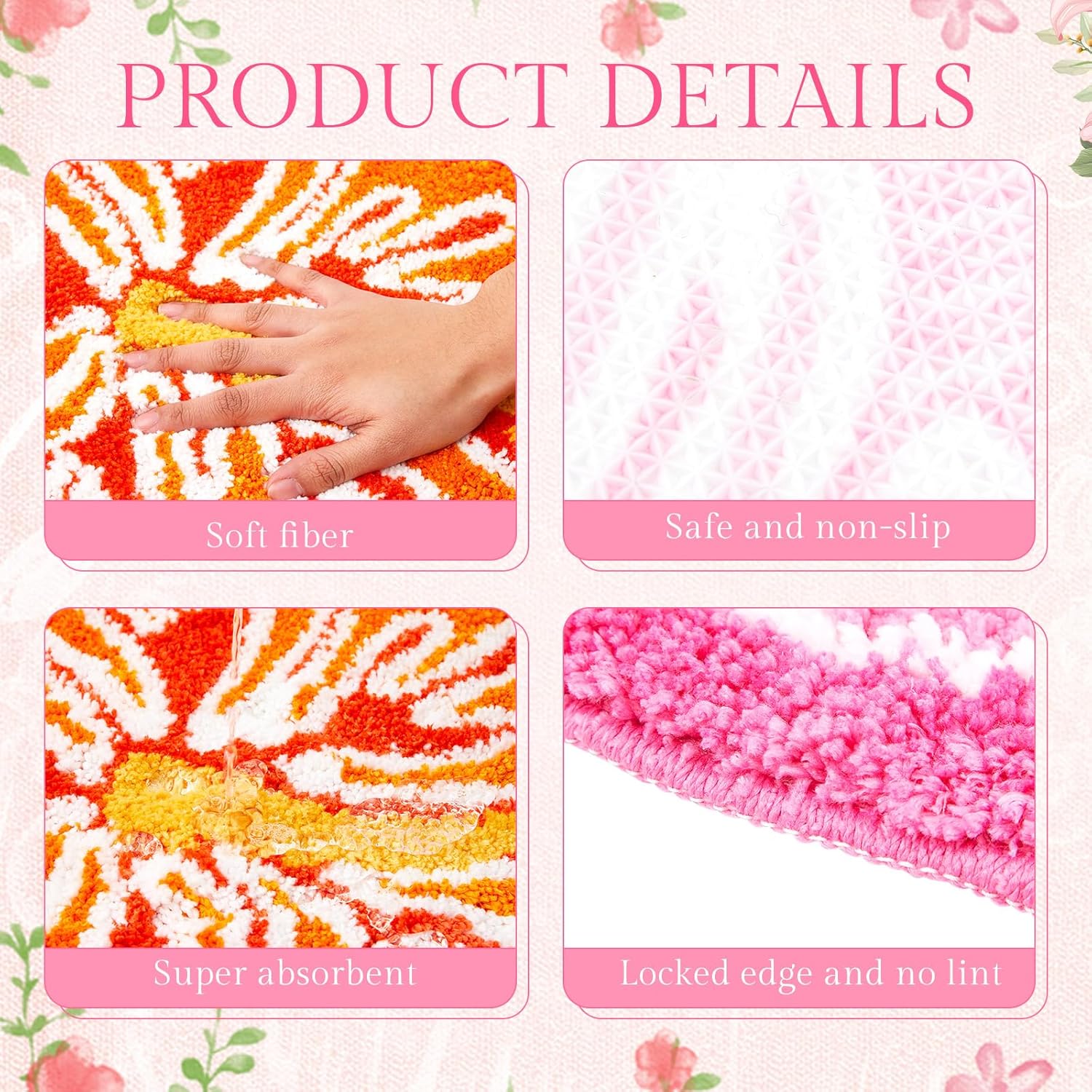 2 Pcs Cute Hibiscus Flower Bathroom Rugs, Soft Absorbent Microfiber Bath Mats, Non-Slip, Machine Washable, Orange & Pink, Perfect for Bathroom, Toilet, Shower, Kitchen, 22.8 x 23.6 Inch