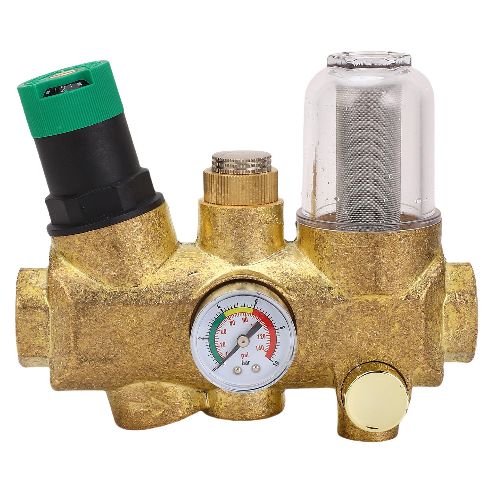 Válvula Reductora de Presión de Latón, Regulador de Presión de Agua con Filtro y Manómetro de Acero Inoxidable, Perilla de Ajuste Manual para de Agua Doméstico (1/2 pulgada (DN15))