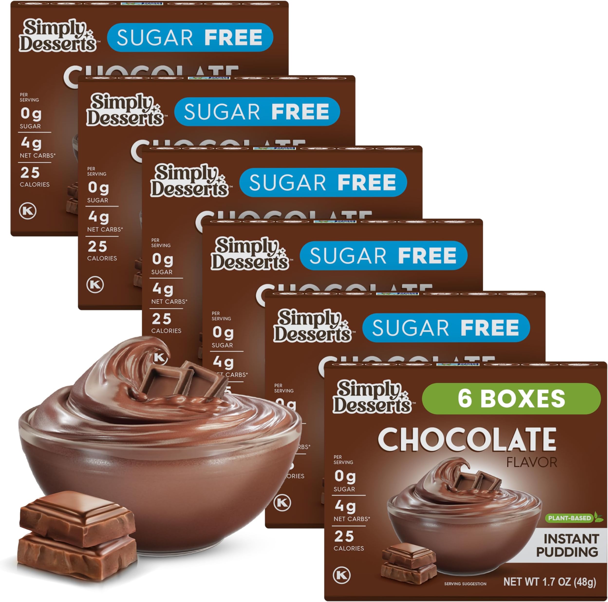 Instant Chocolate Pudding Mix - Plant Based Guilt Free Desserts - All Natural, Sugar Free, Non GMO, Gluten Free, Fat Free, Vegan, Keto Friendly - 1.7 Ounce (Pack of 6)