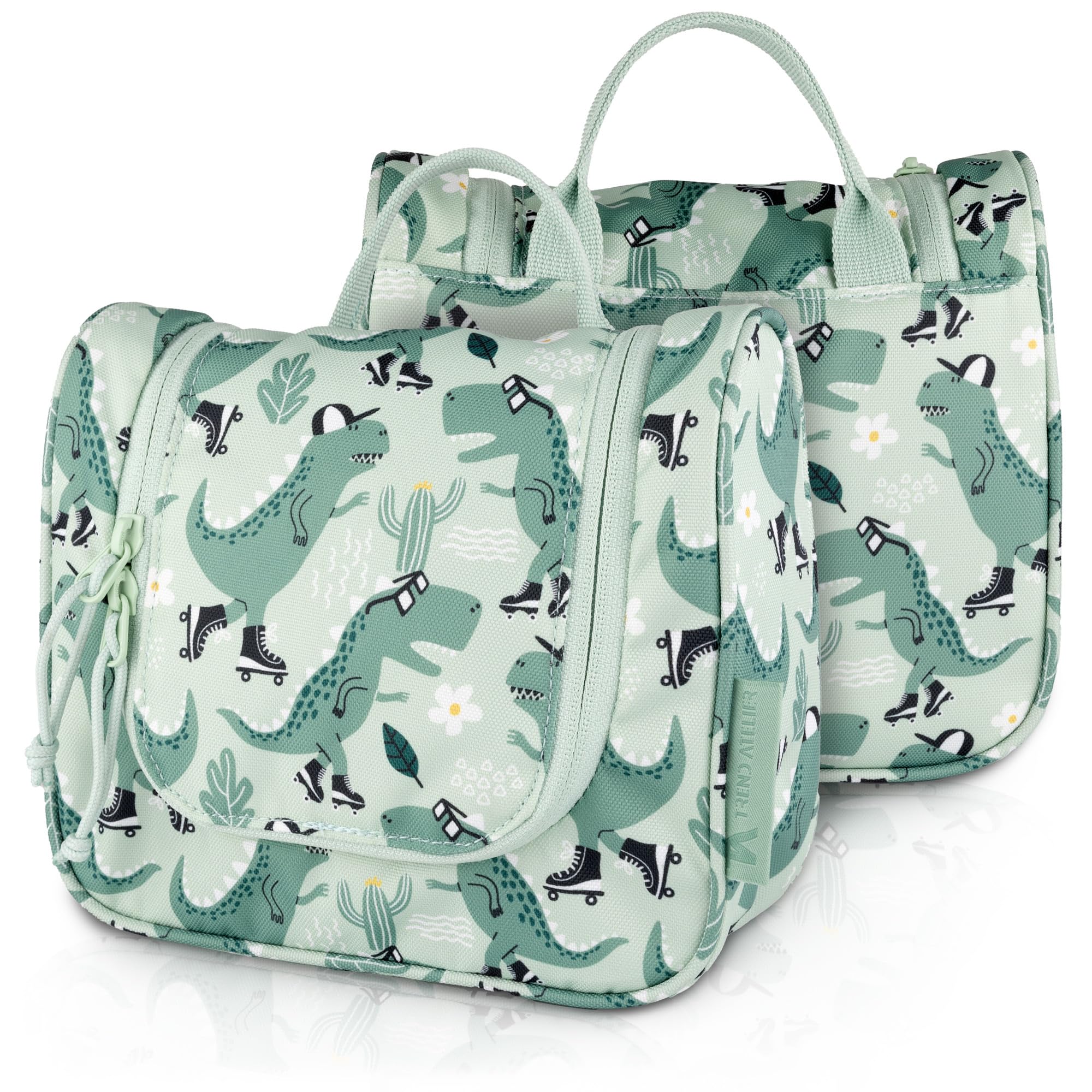 Beauty case bambino appendere trousse toilette sostenibile poliestere riciclato idrorepellente specchio scomparti Dinosauro Verde