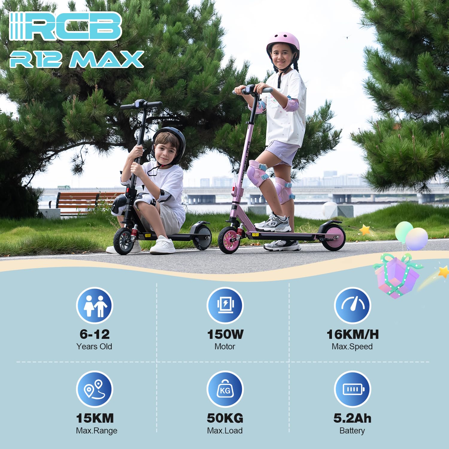 RCB R12 Max Trottinette électrique Enfant âge 6-12 Ans,jusqu'à 18km/h & 15 km,3-Réglage Hauteur,Suspension, 7" Pliable Trottinette Electrique, Lumières colorées, écran LED, Cadeau pour Enfant