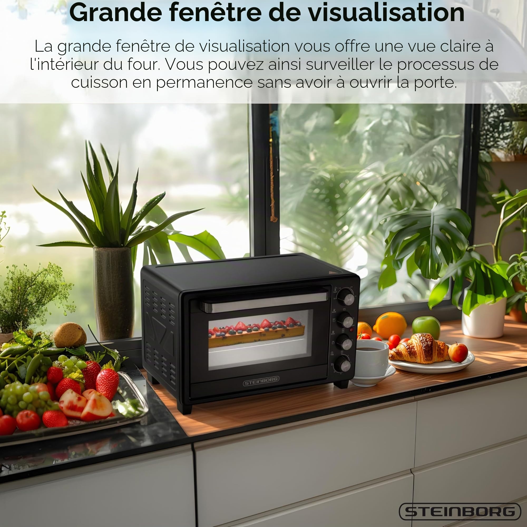 Steinborg Mini four de 35 l avec chaleur tournante et tournebroche - Plaque ramasse-miettes - Chaleur supérieure et inférieure - 1600 W - Avec minuteur - Petit four autonome - Réglage en continu de la