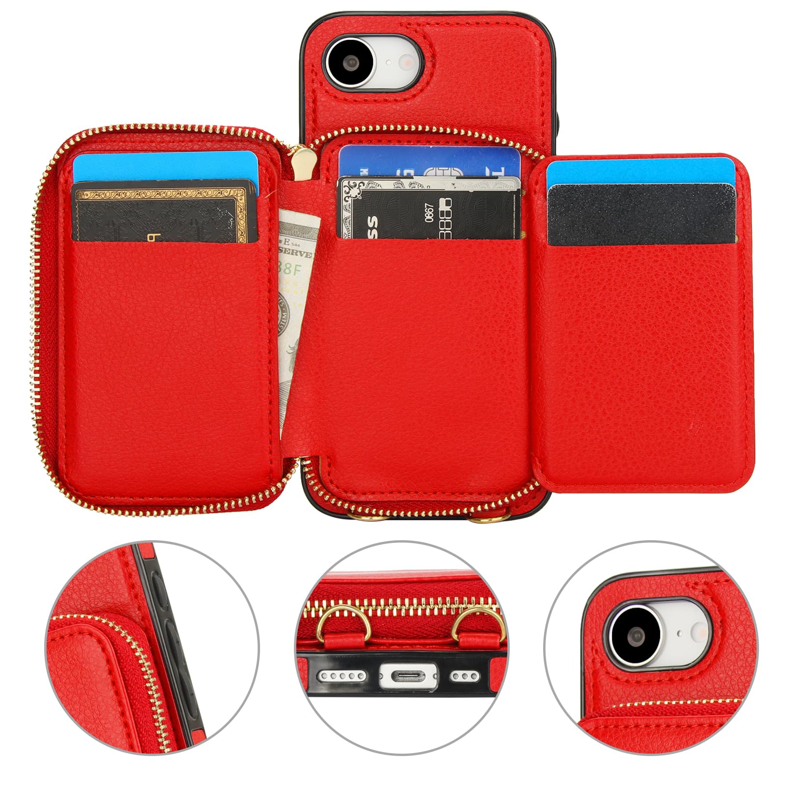 Bocasal Custodia a portafoglio per iPhone 16e, con blocco RFID, regolabile, con cerniera, scomparti per carte di credito, con cavalletto rimovibile, cinturino da polso rimovibile, custodia a libro in