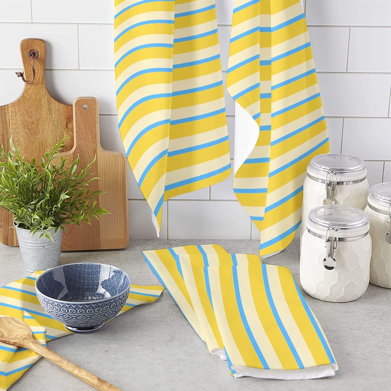 Rayas amarillo azul cocina toalla plato toalla toalla toalla toalla microfibra suave hogar súper absorbente limpieza paño de limpieza (Specification : 4PCS)