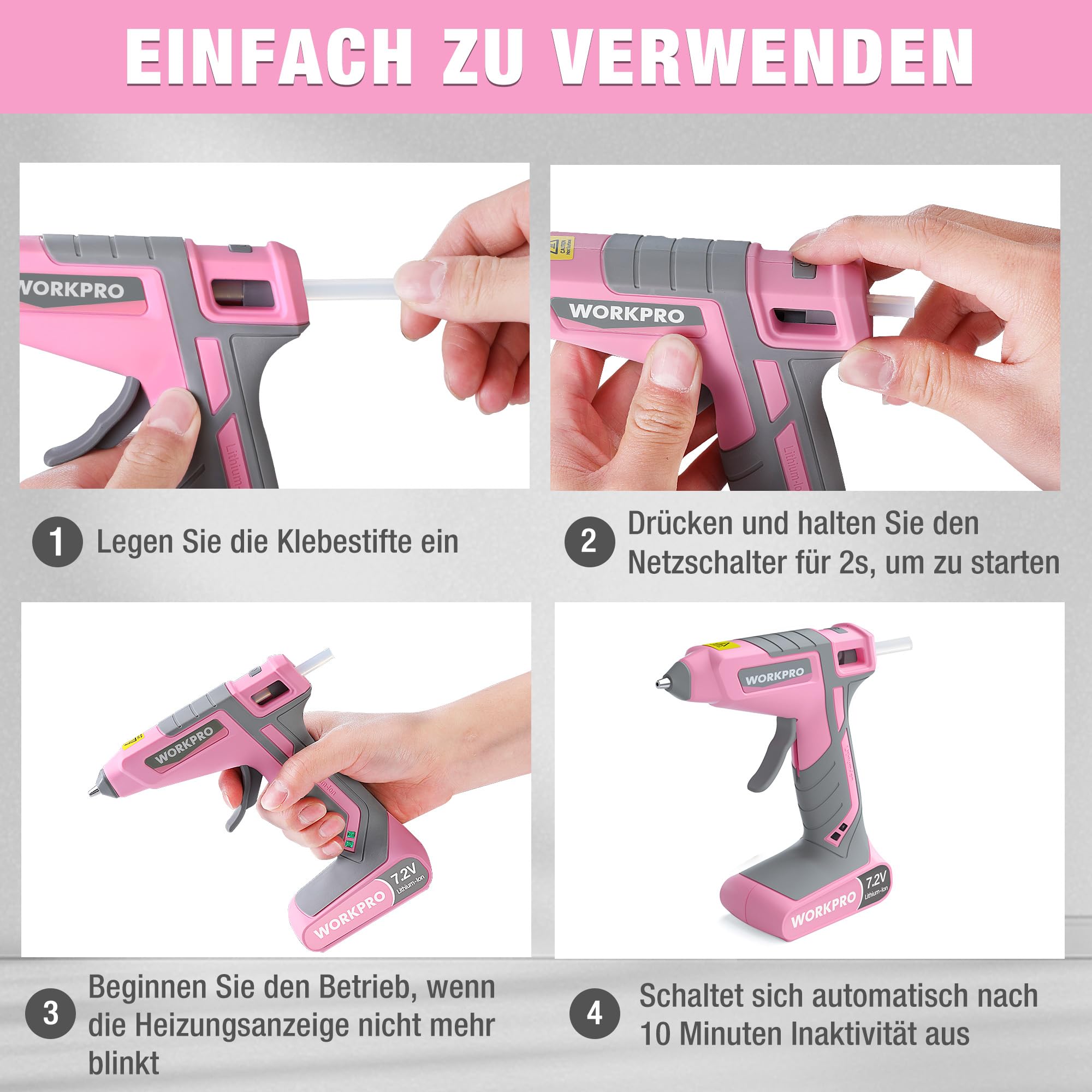 WORKPRO Heißklebepistole Akku 7,2V, Kabellos & mit Kabel Verwendbar, Akku Klebepistole mit 20 Klebesticks, 30s schnelle Aufheizung, Schnelle Klebstoffabgabe, USB-C-Aufladung, für Handwerk, Dekoration