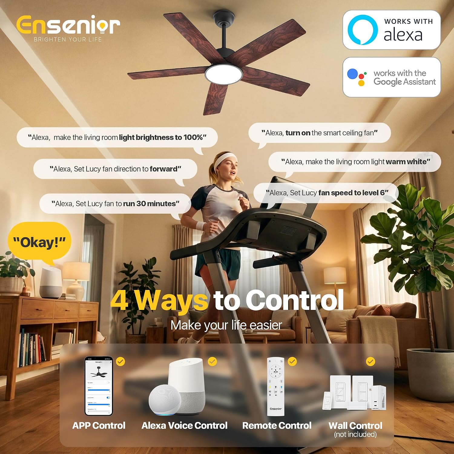 Ensenior 52 Inch Smart Ceiling Fans with Lights and Remote, Control via Alexa Google Voice App, 3000K-6000K Dimmable LED 6-Speed Reversible DC Motor Black Ceiling Fan for Bedroom Living Room, 5 Blades