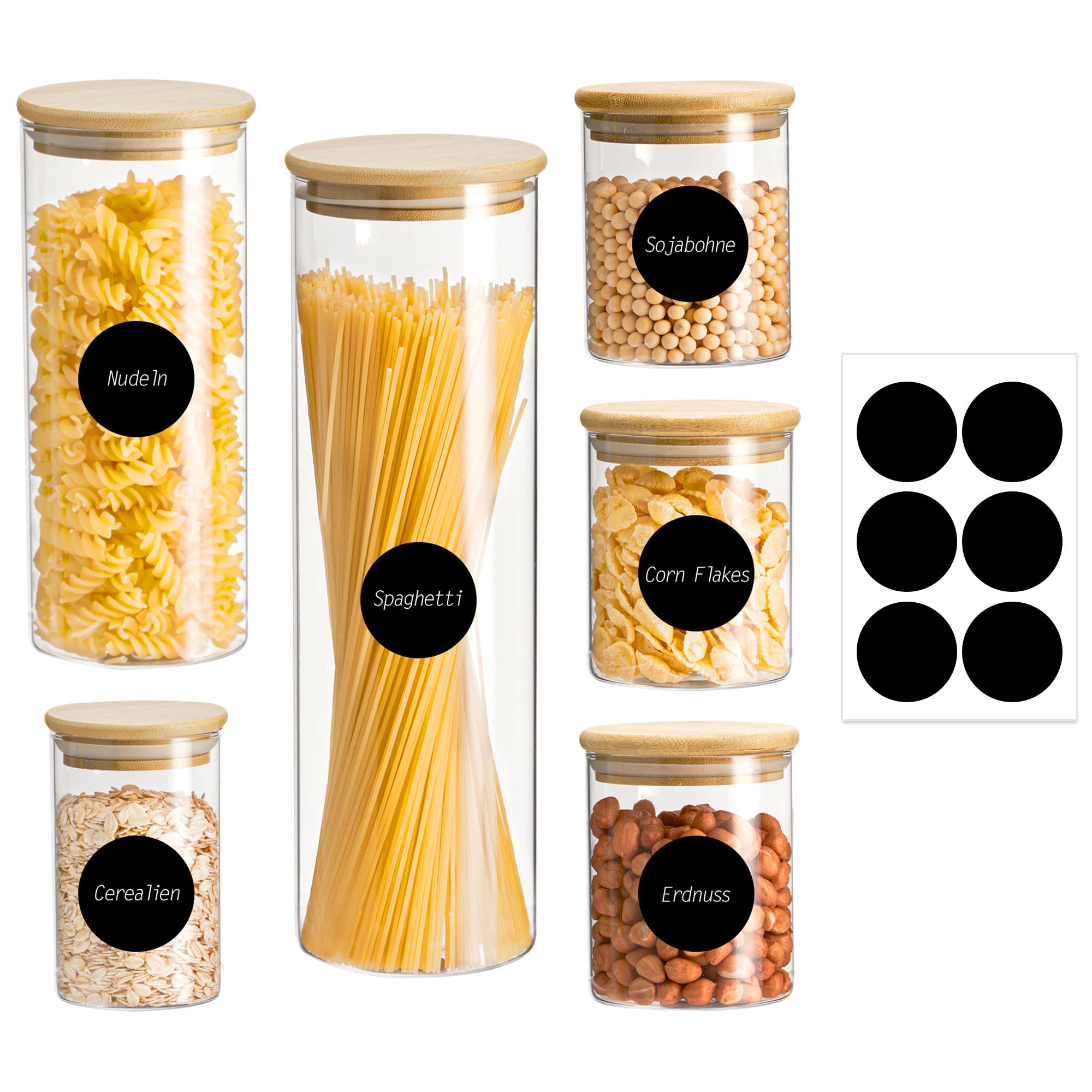 Ribelli Juego de 6 tarros de cristal con tapa, 300 ml (3 unidades), 500 ml, 1000 ml, 2100 ml, herméticos para pasta, espaguetis, cereales, granola, frijoles, aptos para lavavajillas