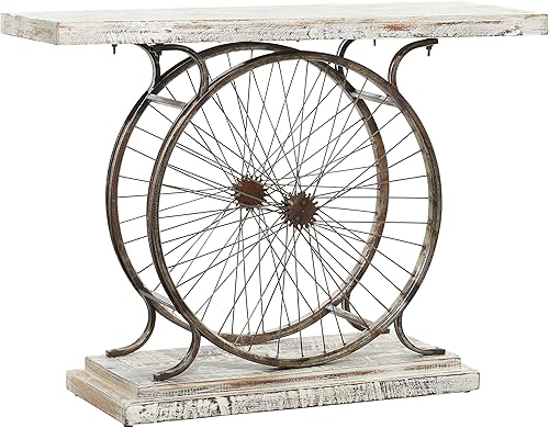 Miniatura 3 de Deco 79 Mesa consola de madera con listones anchos para bicicleta con marco de doble rueda y base escalonada, 38 x 14 x 28 pulgadas, color blanco