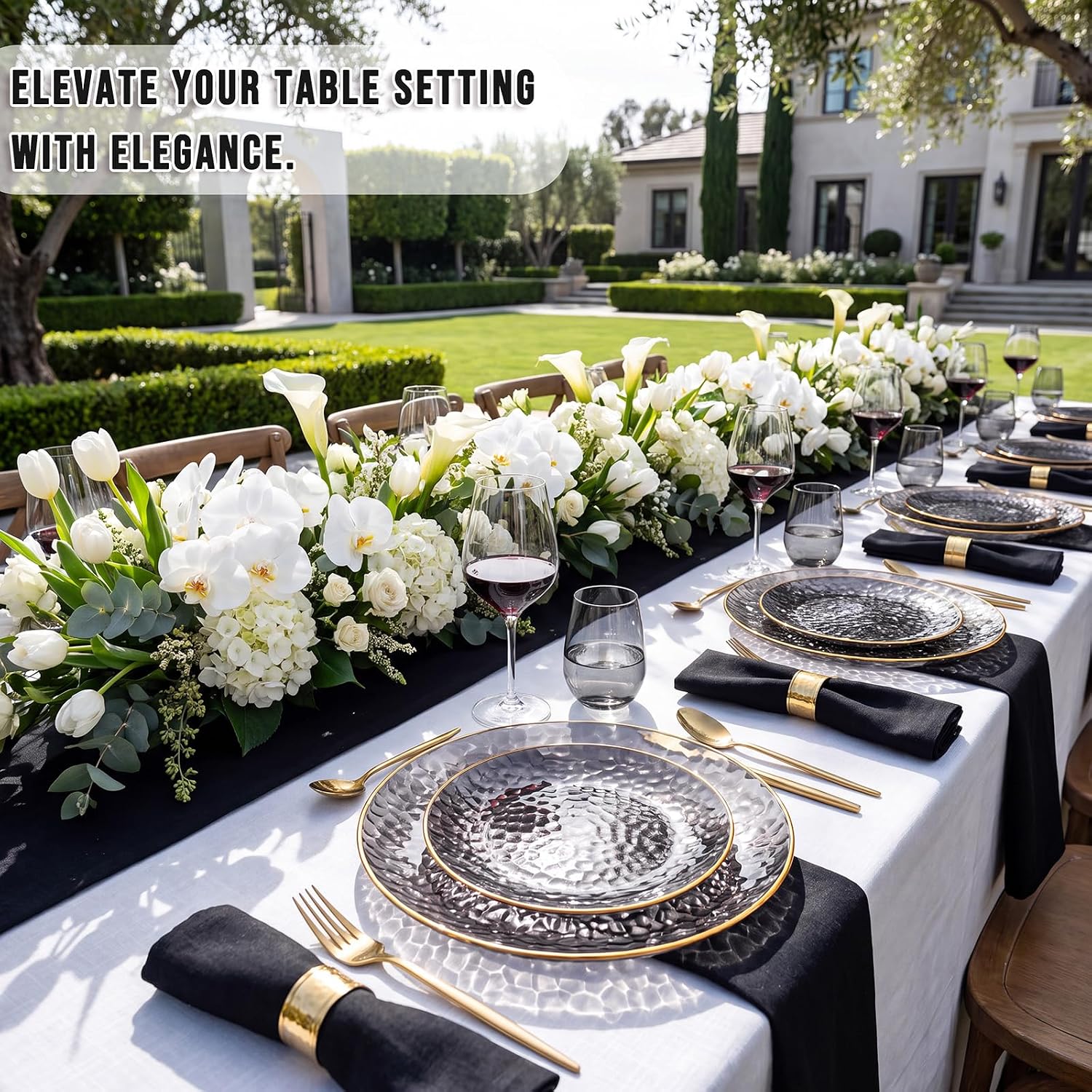  60Pcs Black Plastic Plates, Black Disposable Plates With Gold Rim, Clear Heavy-duty Party Plates, Hammered Plastic plates Include 30 Dessert Platos, 30 Dinner Platos for Party thumbnail
